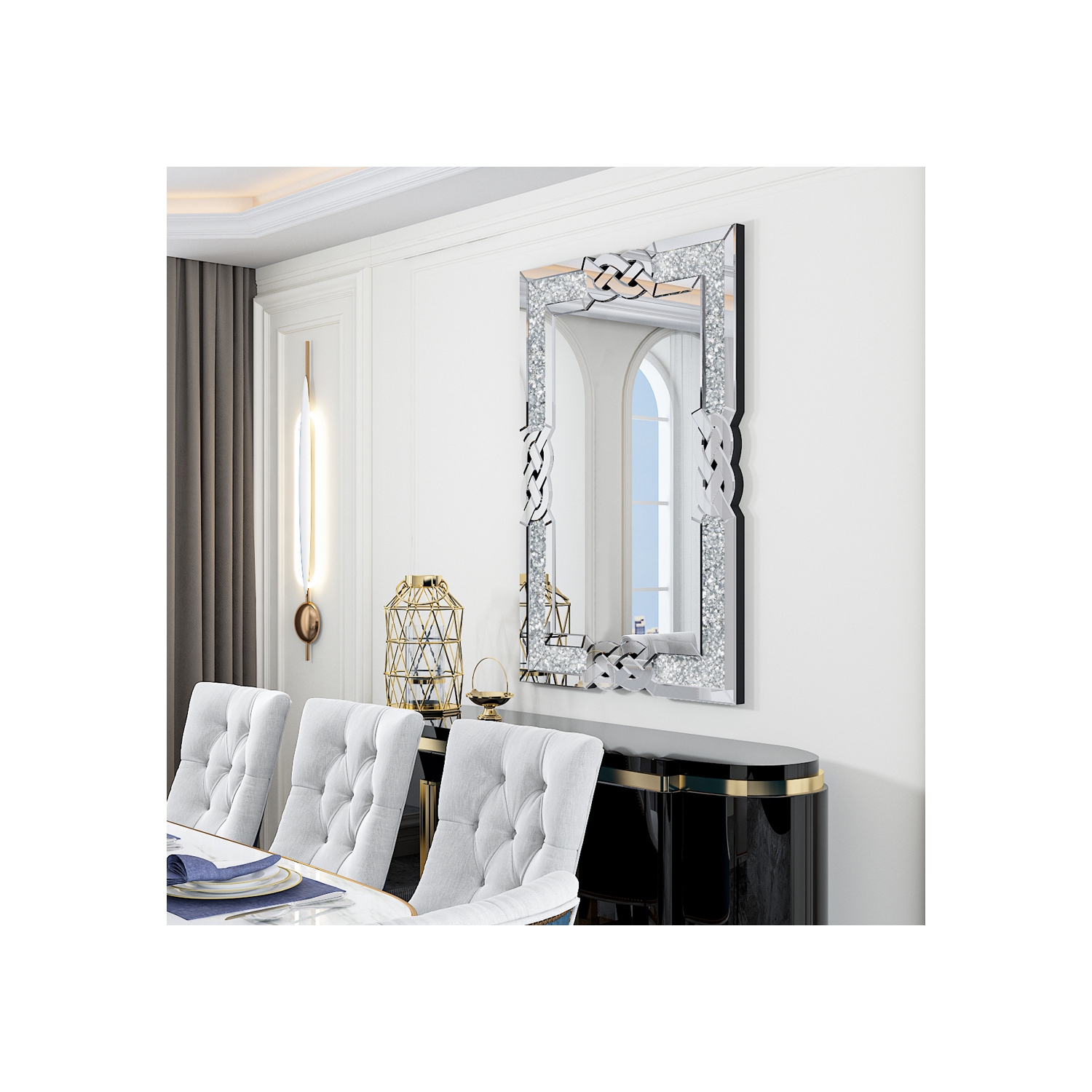 Crushed Diamond Wall Mirror, 36 x 24 Inch Rectangular Glass Silver Vanity with Decorative Glam Bling Crystal Frame Edge, Luxury Home Art Decor for