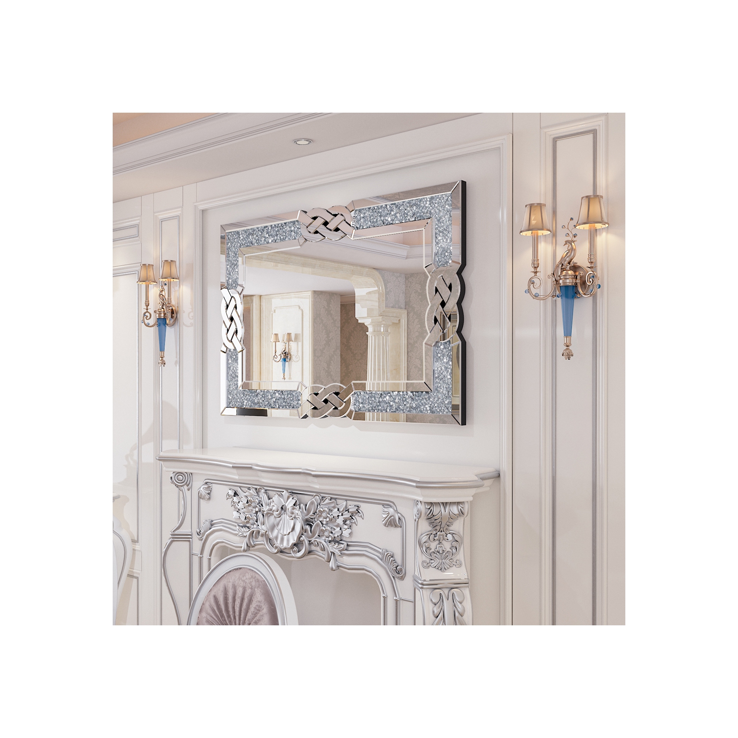 Crushed Diamond Wall Mirror, 36 x 24 Inch Rectangular Glass Silver Vanity with Decorative Glam Bling Crystal Frame Edge, Luxury Home Art Decor for