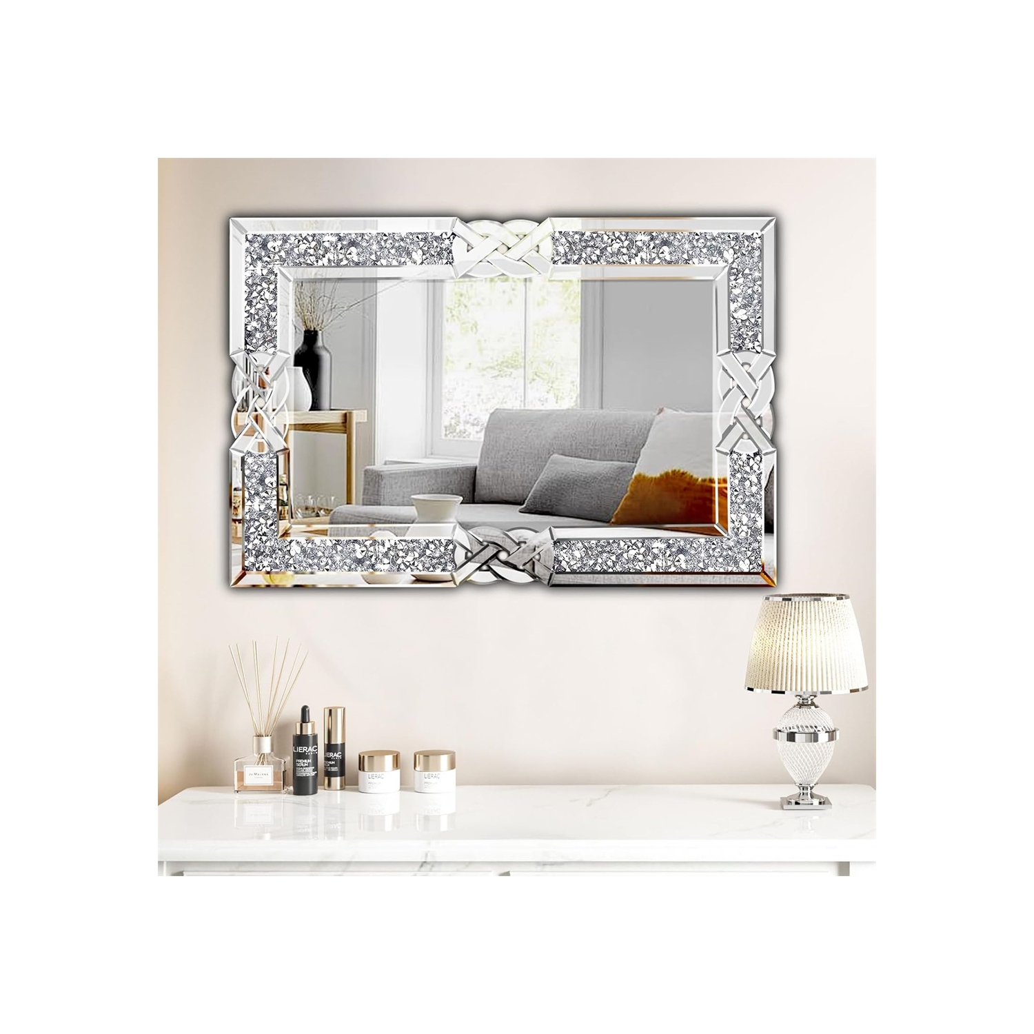Crushed Diamond Wall Mirror, 36 x 24 Inch Rectangular Glass Silver Vanity with Decorative Glam Bling Crystal Frame Edge, Luxury Home Art Decor for