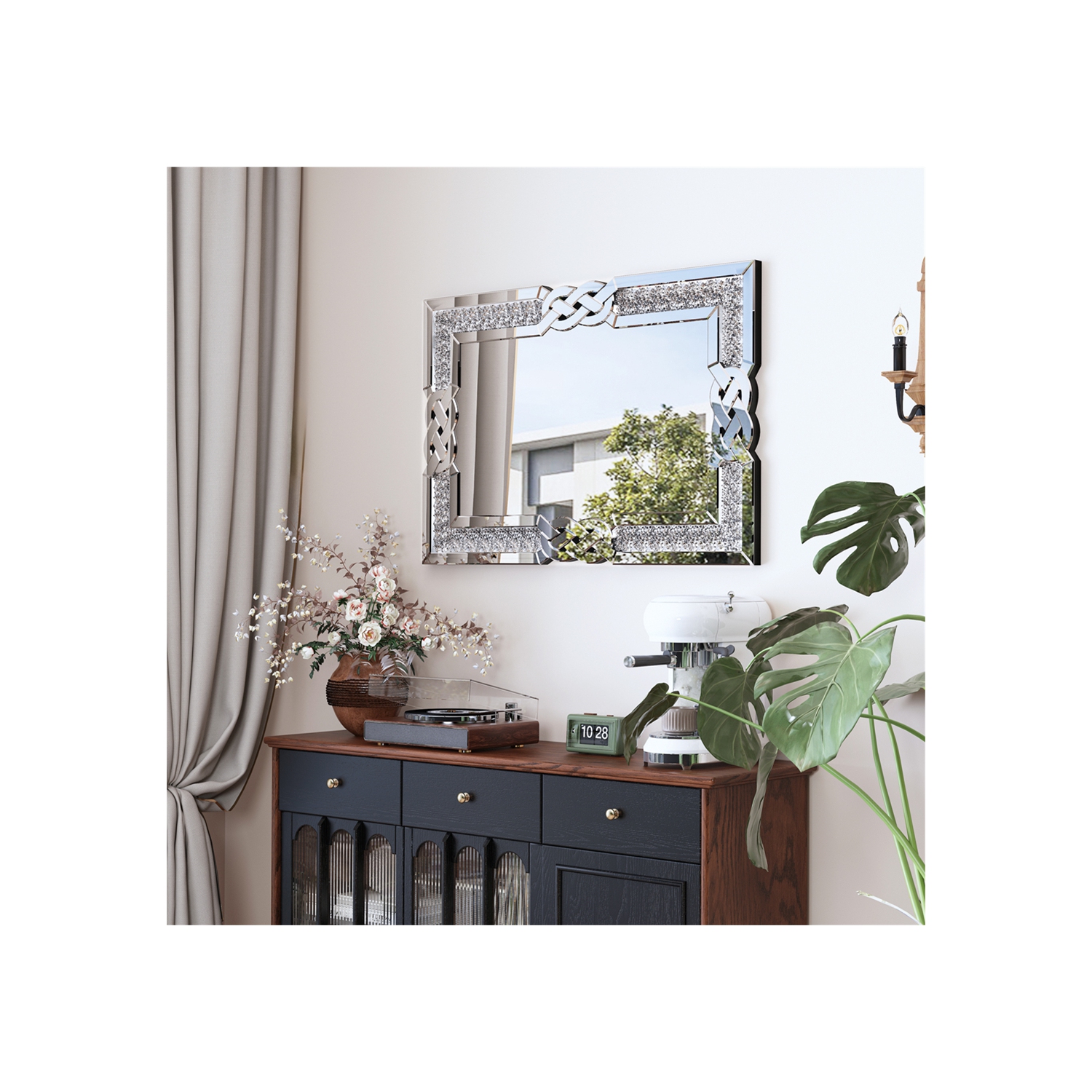 Crushed Diamond Wall Mirror, 36 x 24 Inch Rectangular Glass Silver Vanity with Decorative Glam Bling Crystal Frame Edge, Luxury Home Art Decor for