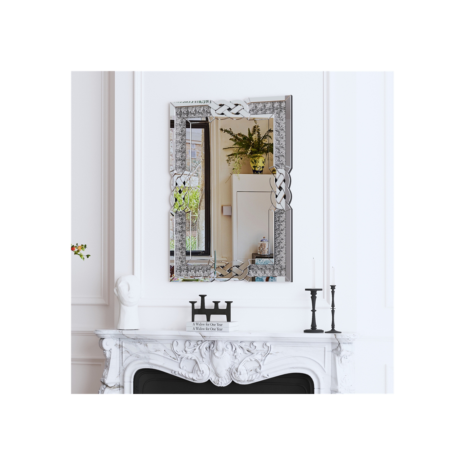 Crushed Diamond Wall Mirror, 36 x 24 Inch Rectangular Glass Silver Vanity with Decorative Glam Bling Crystal Frame Edge, Luxury Home Art Decor for