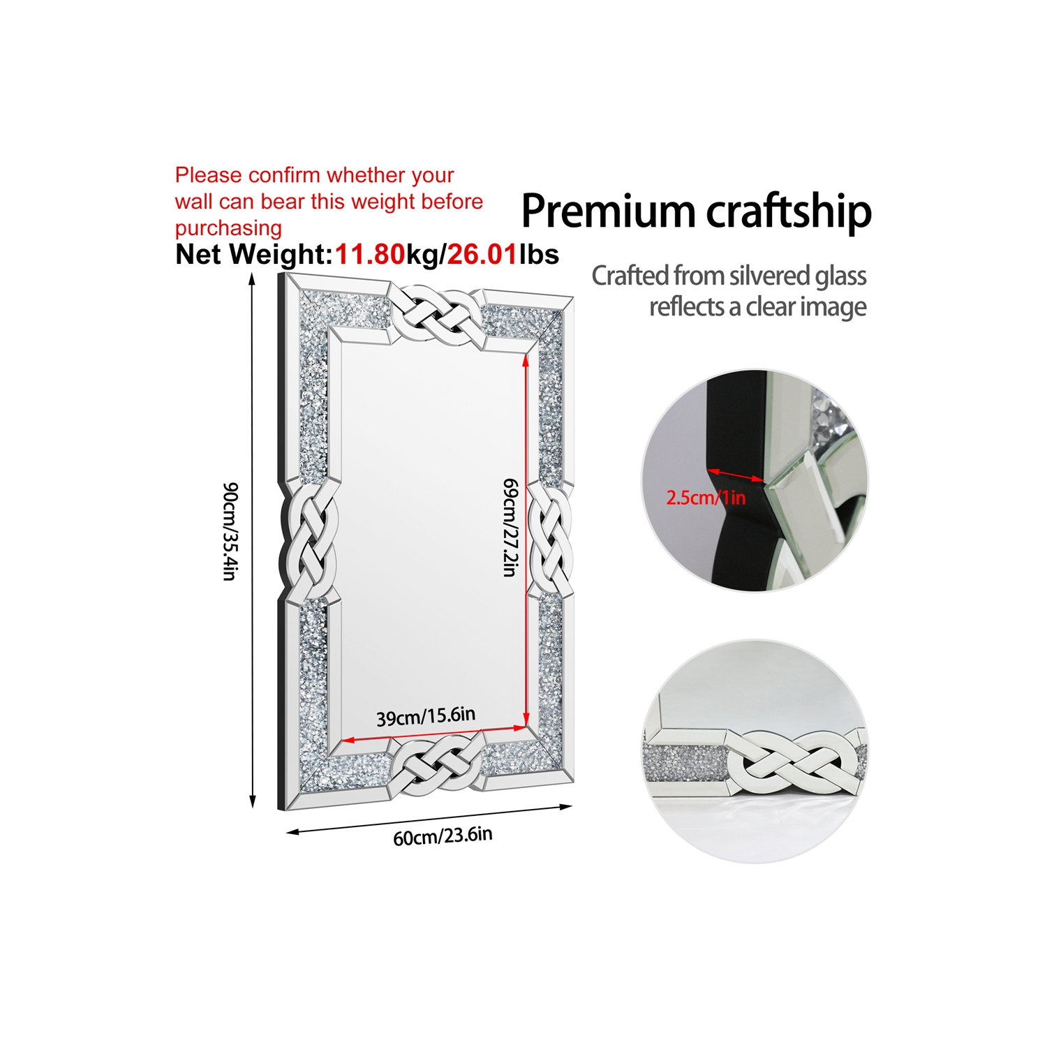 Crushed Diamond Wall Mirror, 36 x 24 Inch Rectangular Glass Silver Vanity with Decorative Glam Bling Crystal Frame Edge, Luxury Home Art Decor for