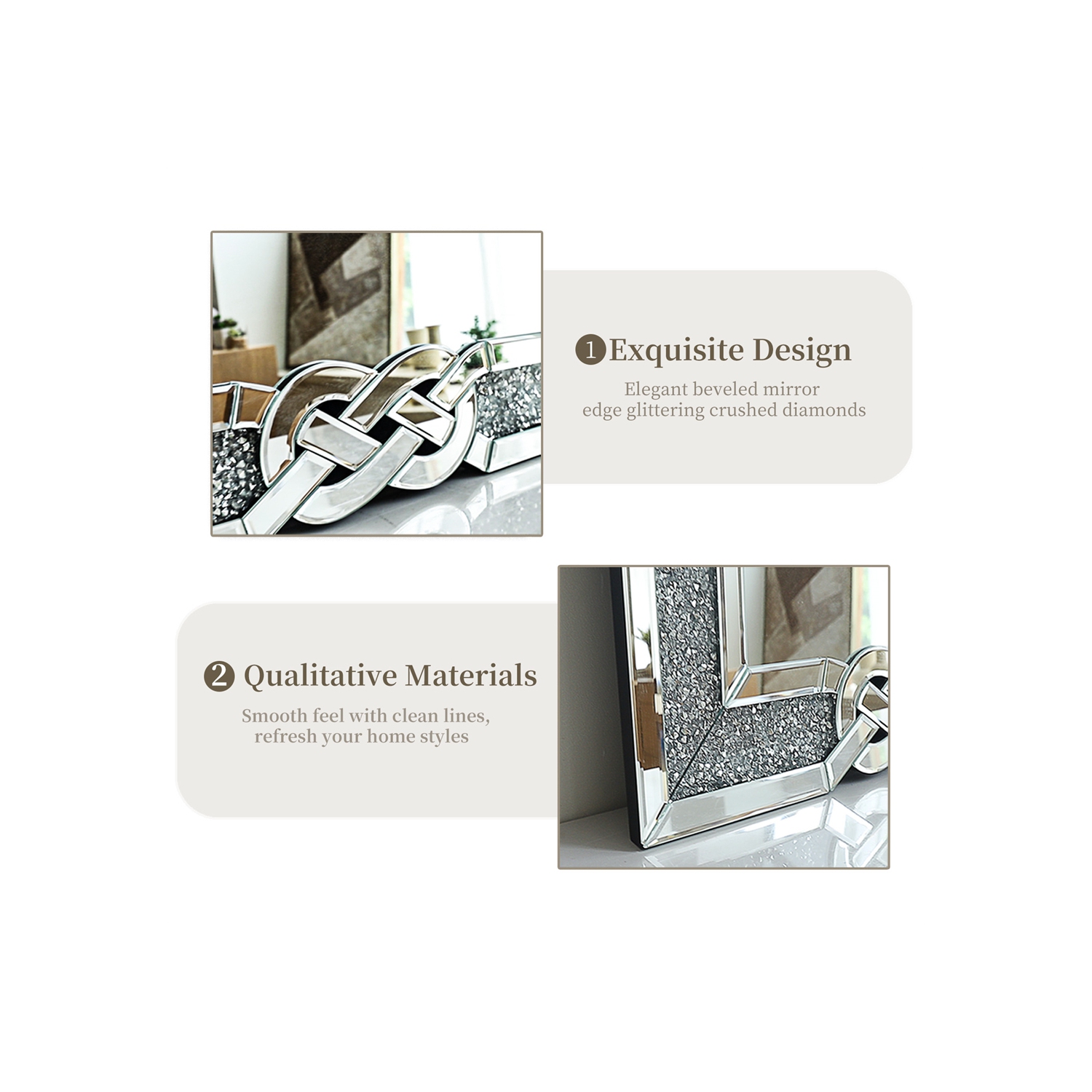 Crushed Diamond Wall Mirror, 36 x 24 Inch Rectangular Glass Silver Vanity with Decorative Glam Bling Crystal Frame Edge, Luxury Home Art Decor for