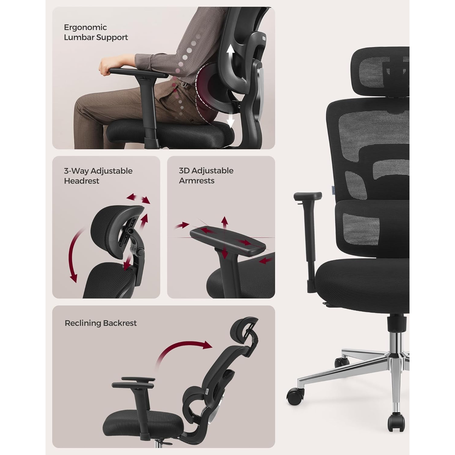 VASAGLE High Back Mesh Office Chair – Ergonomic Design with Adjustable Lumbar Support, 3D Headrest & Armrests, Tilt Function, Ink Black