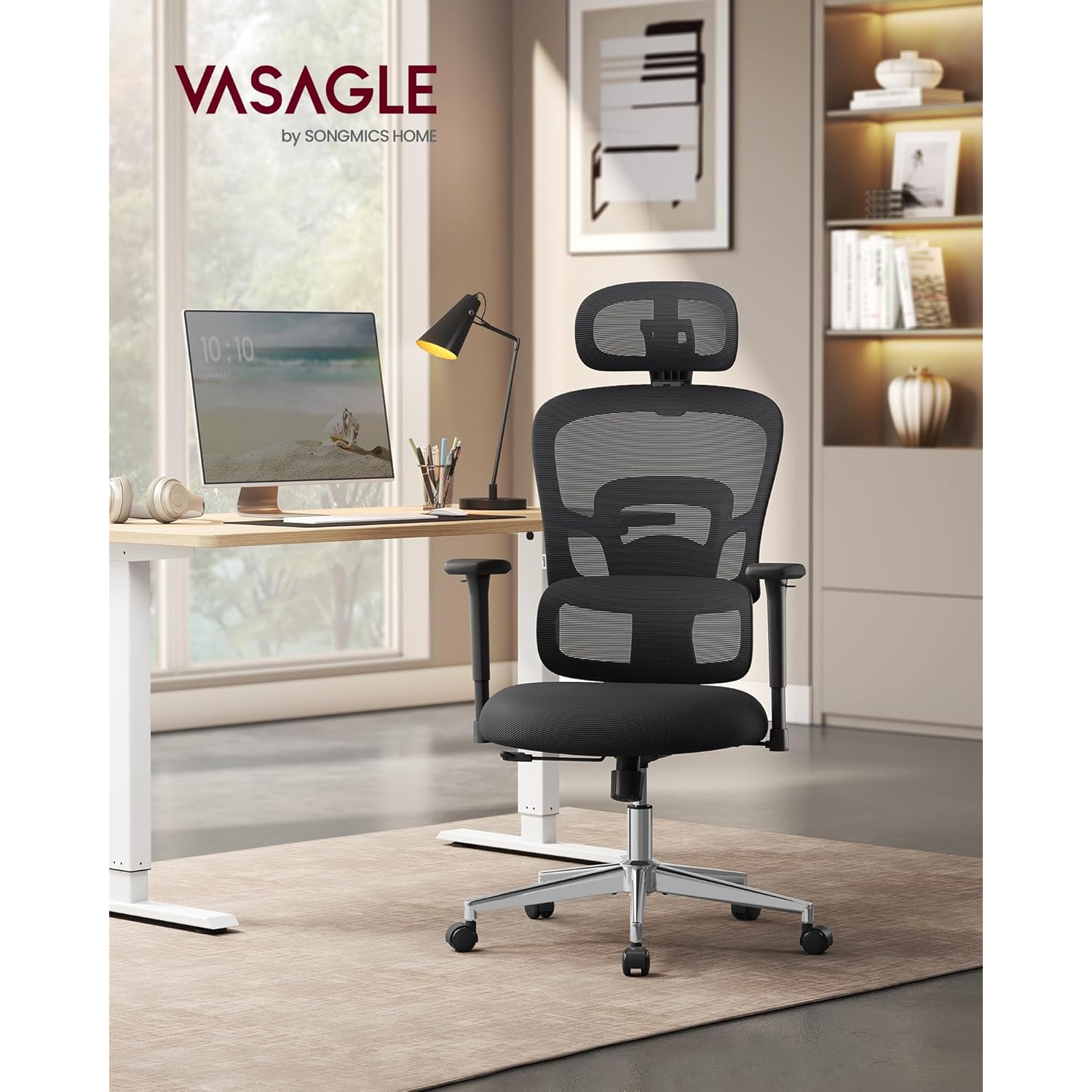 VASAGLE High Back Mesh Office Chair – Ergonomic Design with Adjustable Lumbar Support, 3D Headrest & Armrests, Tilt Function, Ink Black