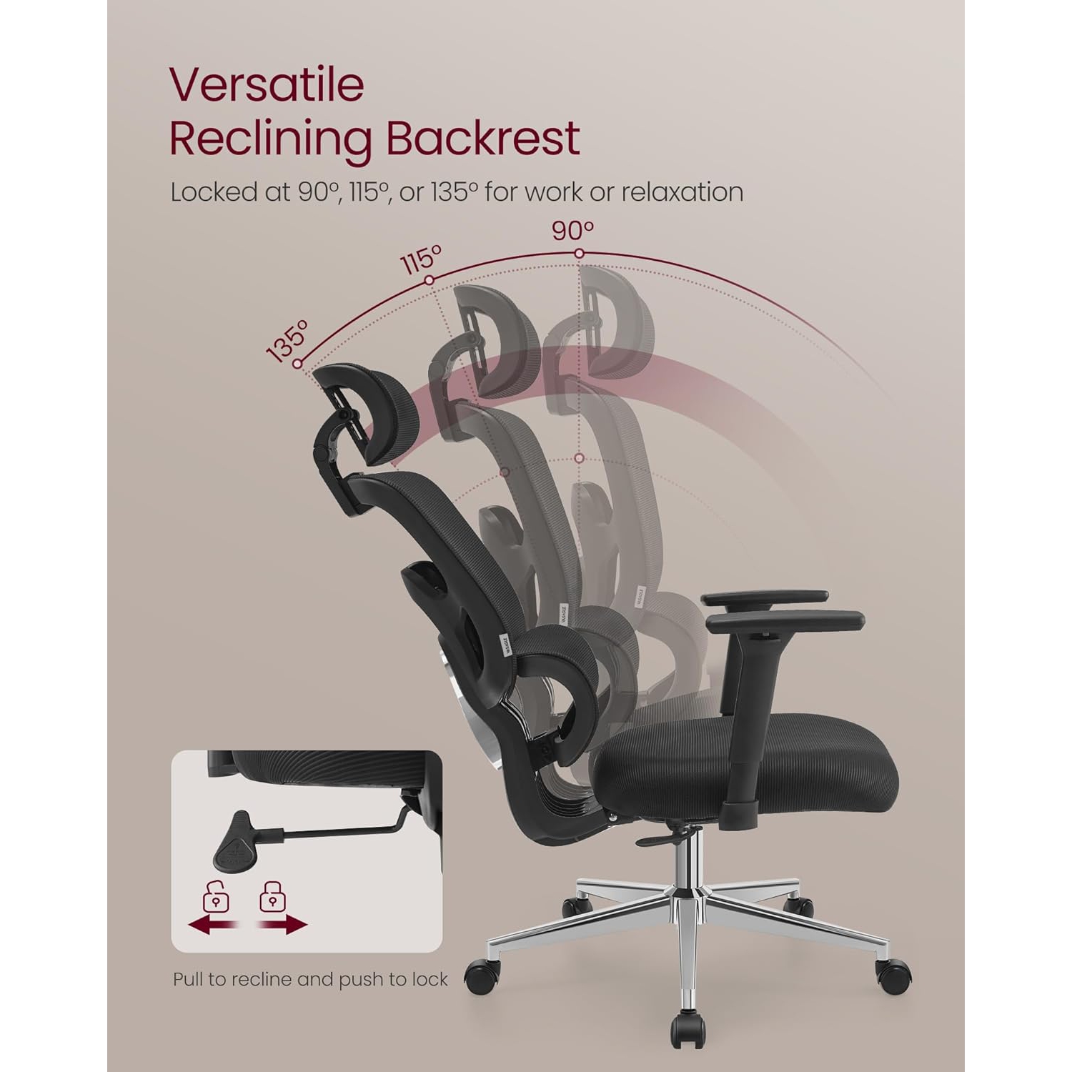 VASAGLE High Back Mesh Office Chair – Ergonomic Design with Adjustable Lumbar Support, 3D Headrest & Armrests, Tilt Function, Ink Black