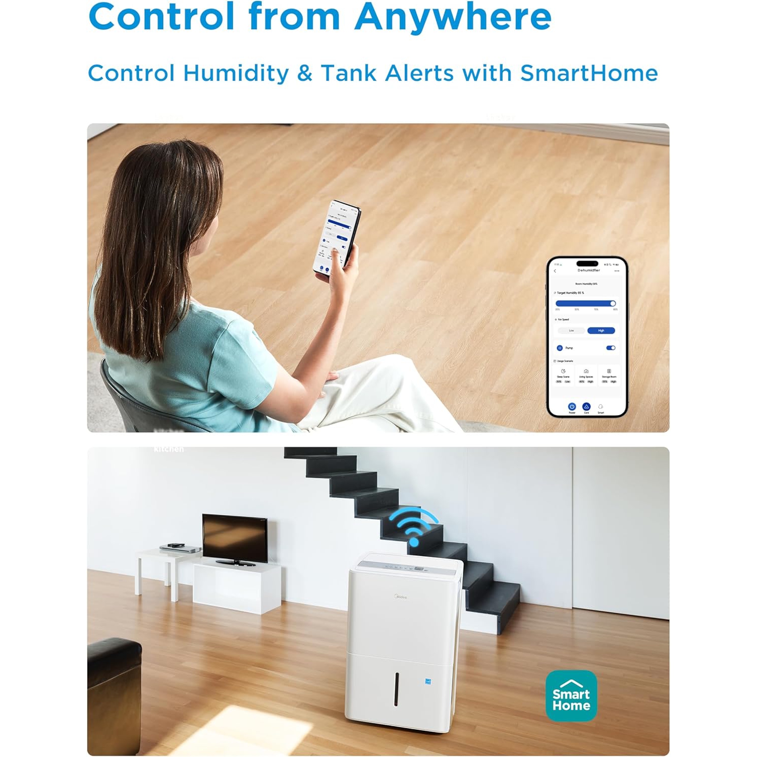 Midea 4,500 Sq. Ft. Energy Star Certified WiFi Enabled Dehumidifier With Reusable Air Filter 50 Pint 2019 DOE, Ideal For Basements, Large & Medium