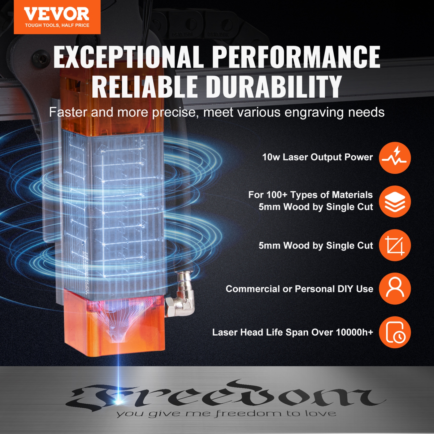 Graveur laser VEVOR 10&nbsp;W, graveur laser de sortie, grande surface de travail de 15,7" x 15,7", vitesse de mouvement 10000&nbsp;mm/min, tache