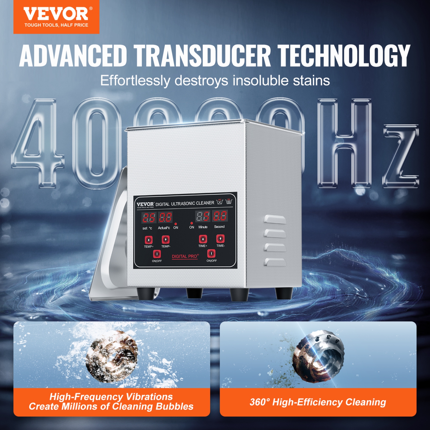 VEVOR 1.3L Ultrasonic Cleaner, Professional 60W Cleaning Machine with Timer & Heater, 40kHz Digital Ultrasonic Cleaner with Basket for Watch Glasses