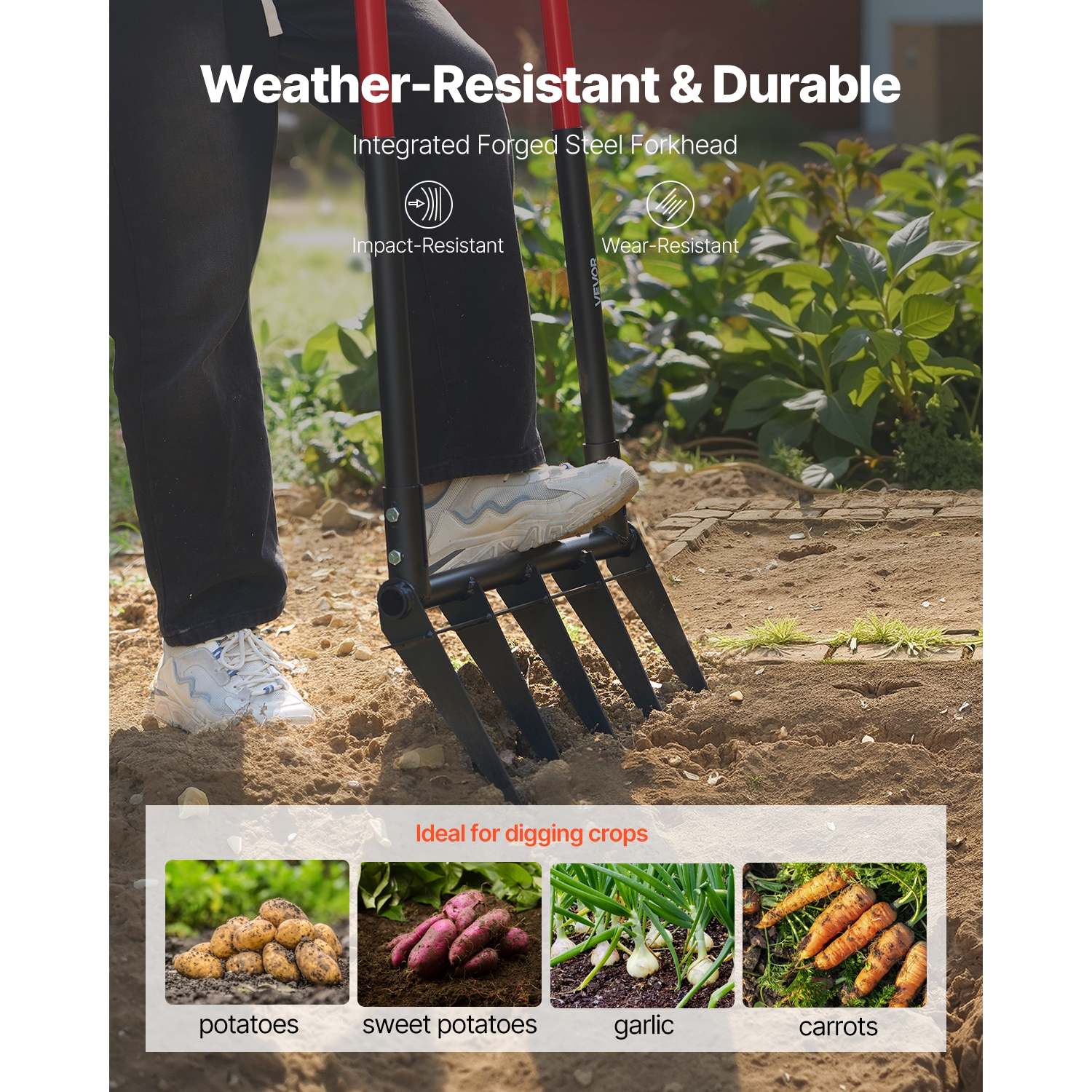 VEVOR 5-Tine Pitchfork Broad Fork with Dual Fiberglass Handles, Heavy Duty Garden Fork , Ergonomic U-Shaped Design Broadfork Hand Tiller, Gardening