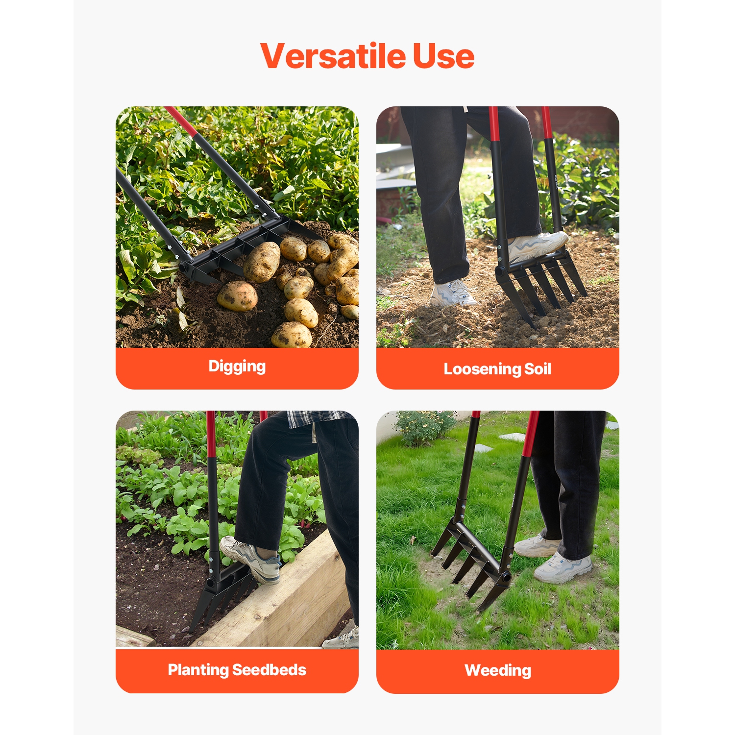 VEVOR 5-Tine Pitchfork Broad Fork with Dual Fiberglass Handles, Heavy Duty Garden Fork , Ergonomic U-Shaped Design Broadfork Hand Tiller, Gardening