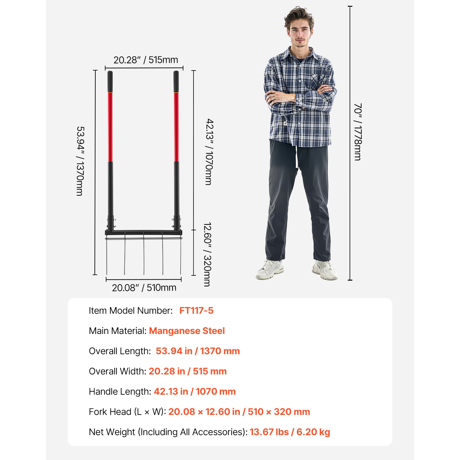 VEVOR 5-Tine Pitchfork Broad Fork with Dual Fiberglass Handles, Heavy Duty Garden Fork , Ergonomic U-Shaped Design Broadfork Hand Tiller, Gardening