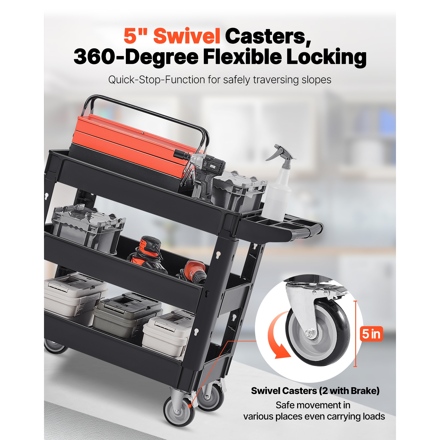 VEVOR 550 LBS Laod Utility Service Cart, 3 Shelf Heavy Duty Plastic Rolling Utility Cart with 360° Swivel Wheels, Ergonomic Storage Handle for