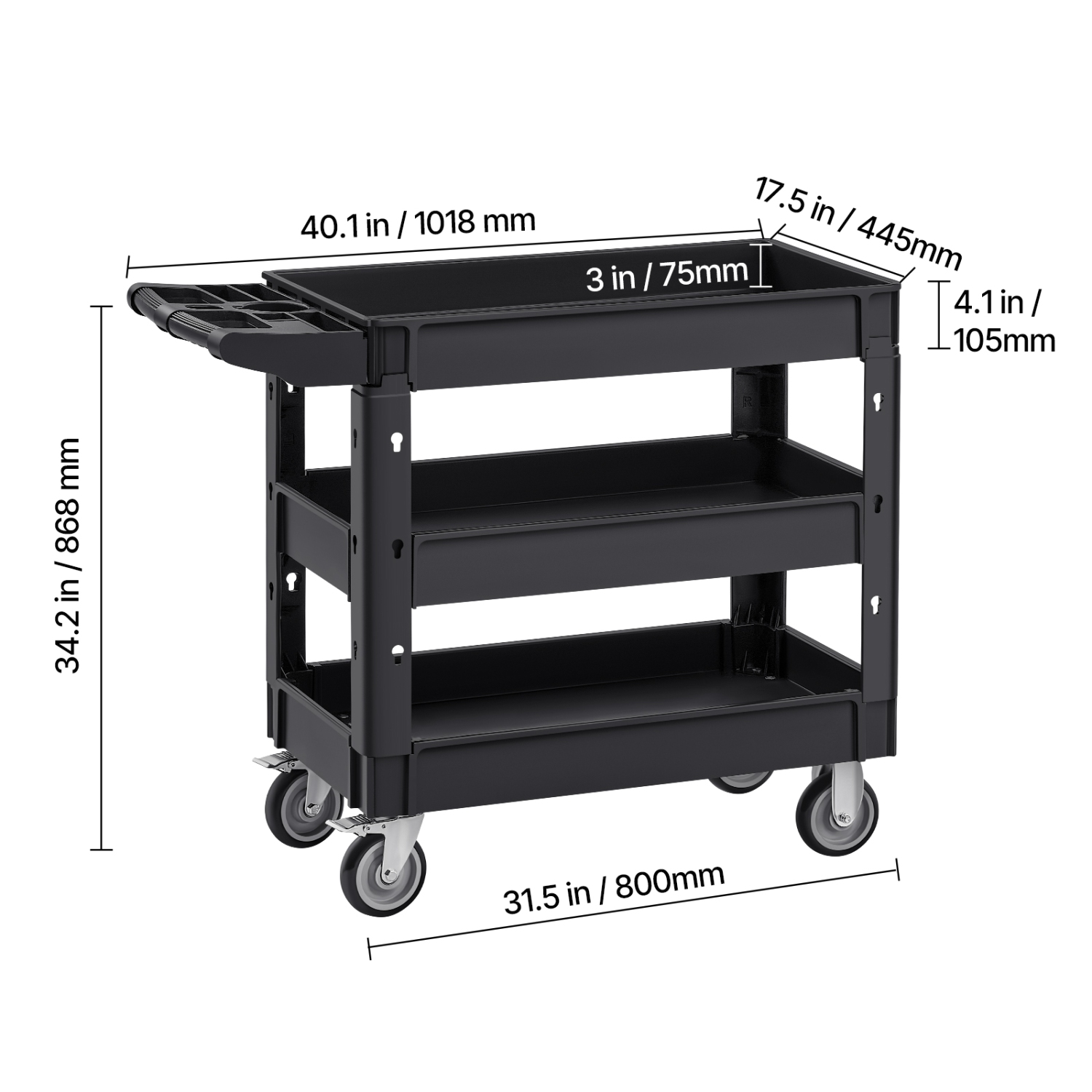 VEVOR 550 LBS Laod Utility Service Cart, 3 Shelf Heavy Duty Plastic Rolling Utility Cart with 360° Swivel Wheels, Ergonomic Storage Handle for