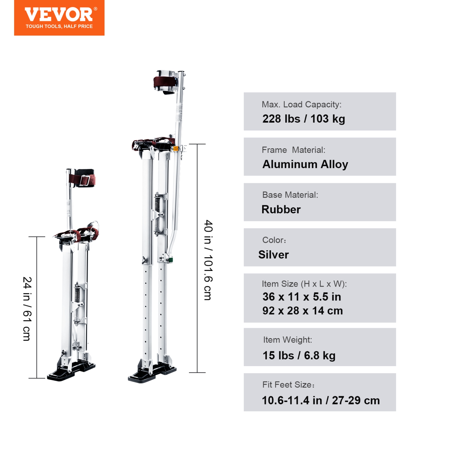 VEVOR 24''-40'' Drywall Stilts, Adjustable Aluminum Tool Stilts with Protective Knee Pads, Durable and Non-slip Work Stilts for Sheetrock Painting,