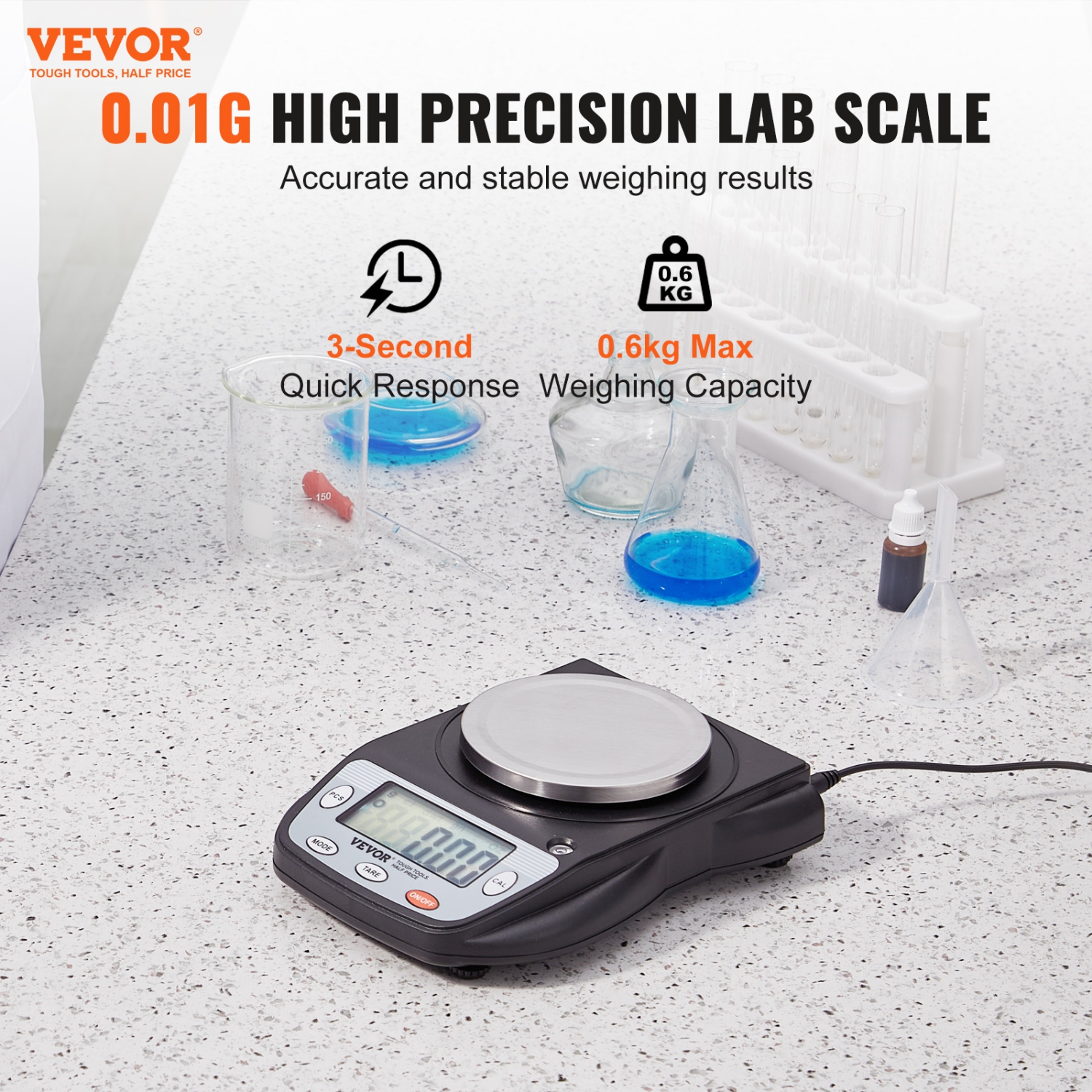 VEVOR 600g x 0.01g Analytical Balance, Accuracy High Precision Lab Scale, 6 Units Conversion Electronic Scientific Laboratory Scale, LCD Display