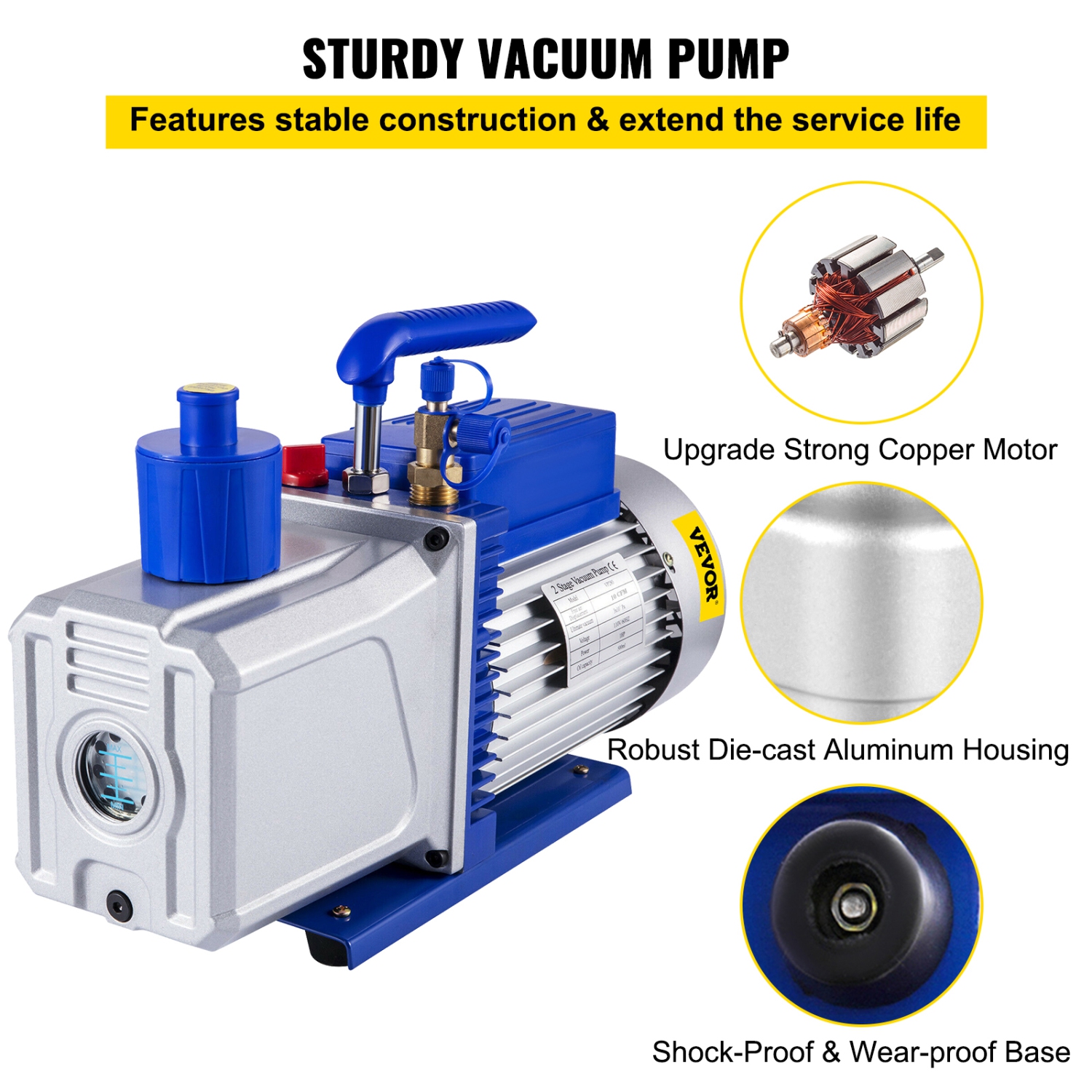 VEVOR 12CFM 1HP Vacuum Pump Vane Vacuum Pump Two Stage 3 x 10-1 Pa Ultimate HVAC Rotary Auto AC Refrigerant Vacuum Pump, for Automobile Reparation