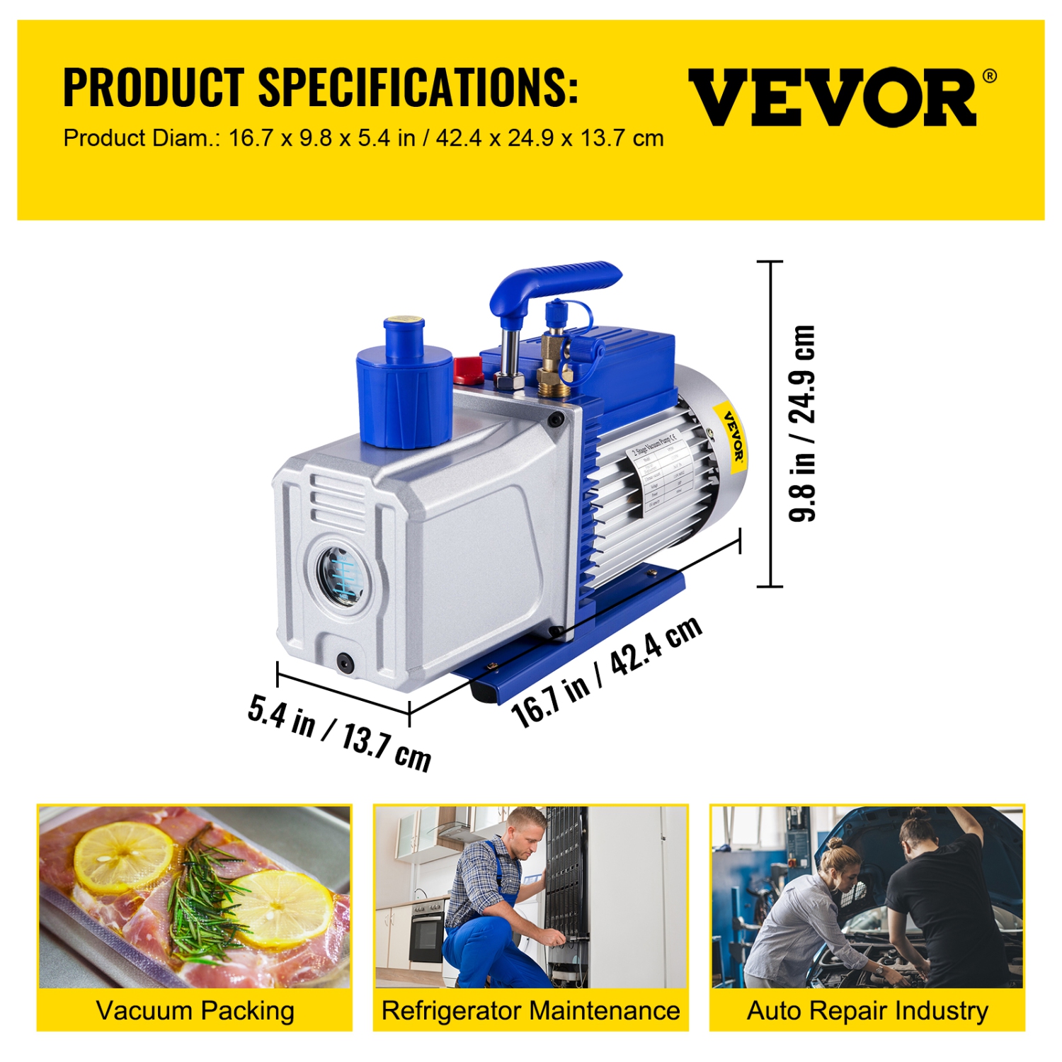 VEVOR 12CFM 1HP Vacuum Pump Vane Vacuum Pump Two Stage 3 x 10-1 Pa Ultimate HVAC Rotary Auto AC Refrigerant Vacuum Pump, for Automobile Reparation
