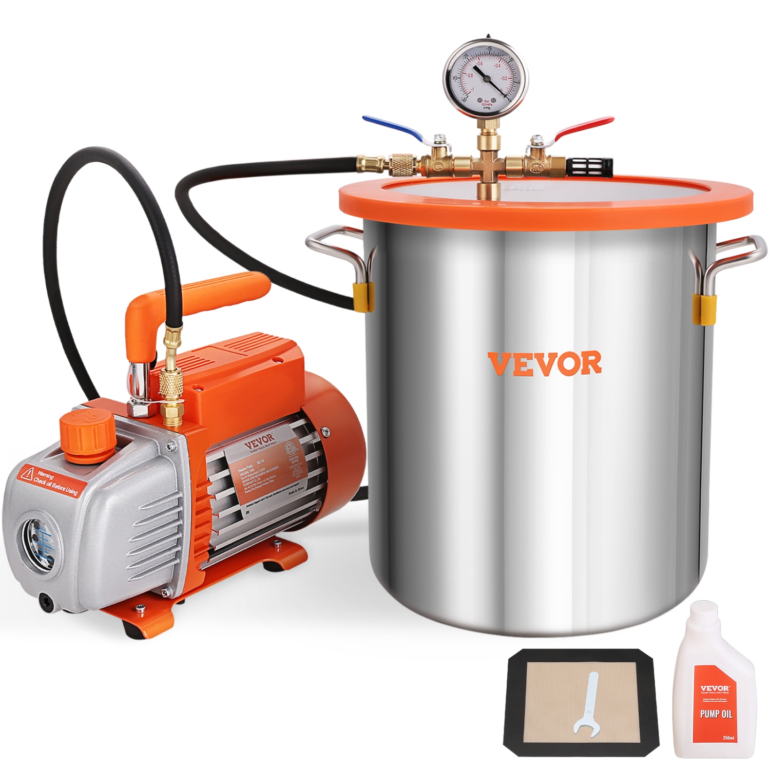 VEVOR 5 Gallon Vacuum Chamber and 3.5 CFM Pump Kit, Tempered Glass Lid Vacuum Degassing Chamber Kit, Single Stage Vacuum Pump with 250 ml Oil Bottle,