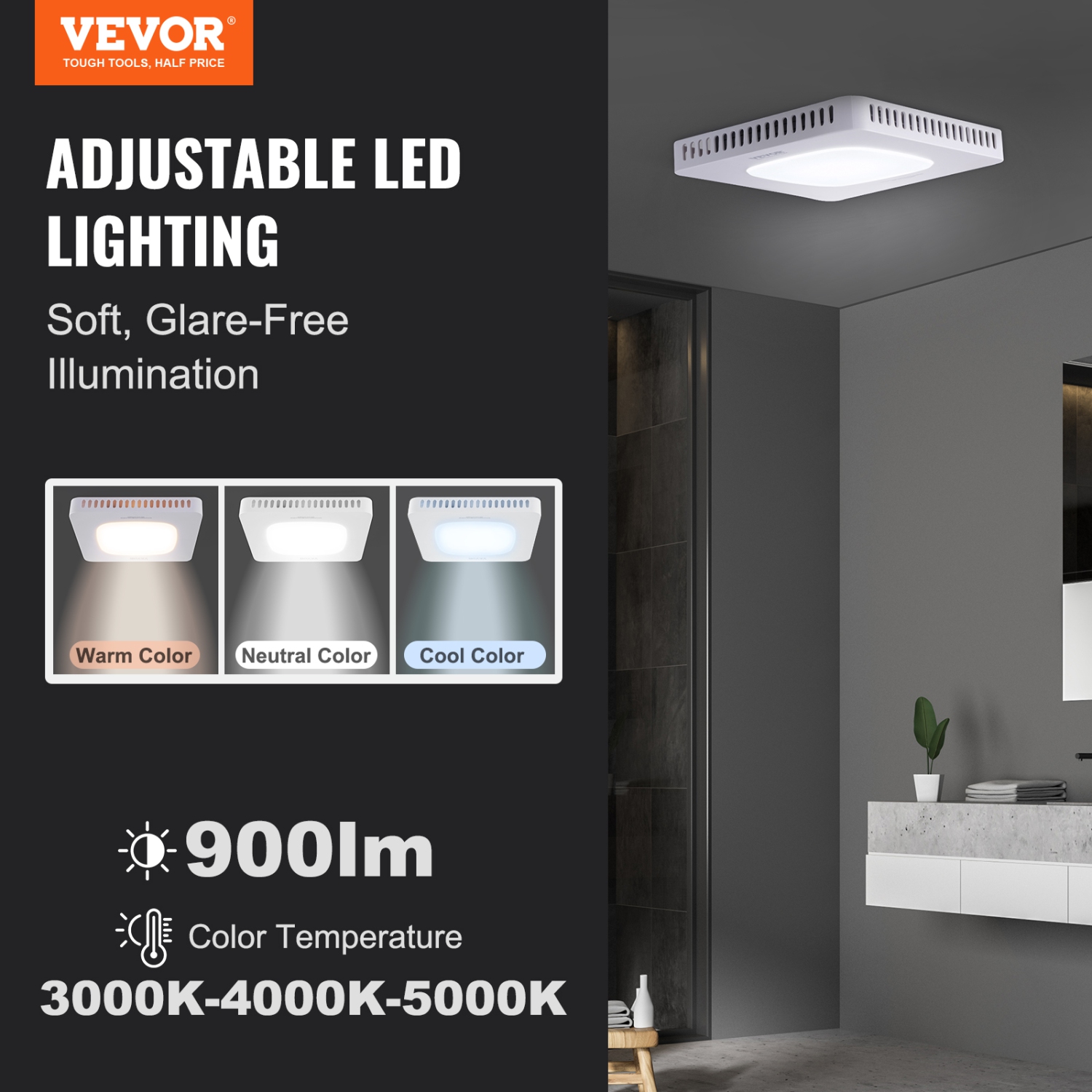 VEVOR 80 CFM Bathroom Exhaust Fan, High-Efficiency Ventilation, 1.5sones Low Noise Operation All-Copper Motor, Energy-Saving Bathroom Ceiling Fan, No