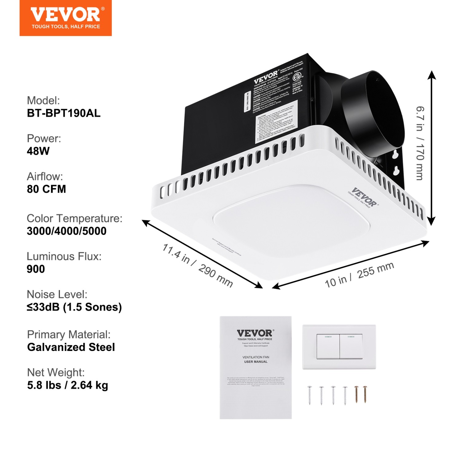 VEVOR 80 CFM Bathroom Exhaust Fan, High-Efficiency Ventilation, 1.5sones Low Noise Operation All-Copper Motor, Energy-Saving Bathroom Ceiling Fan, No