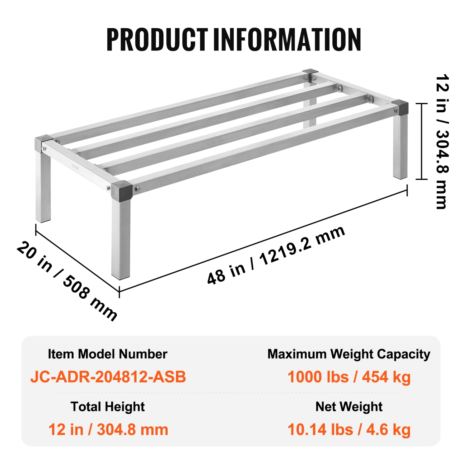 VEVOR 48” x 20” Aluminum Dunnage Rack, Commercial Food Floor Rack, 12” Off the Floor, 1000 lbs Capacity All-Welded Aluminum Storage Rack, for Storage