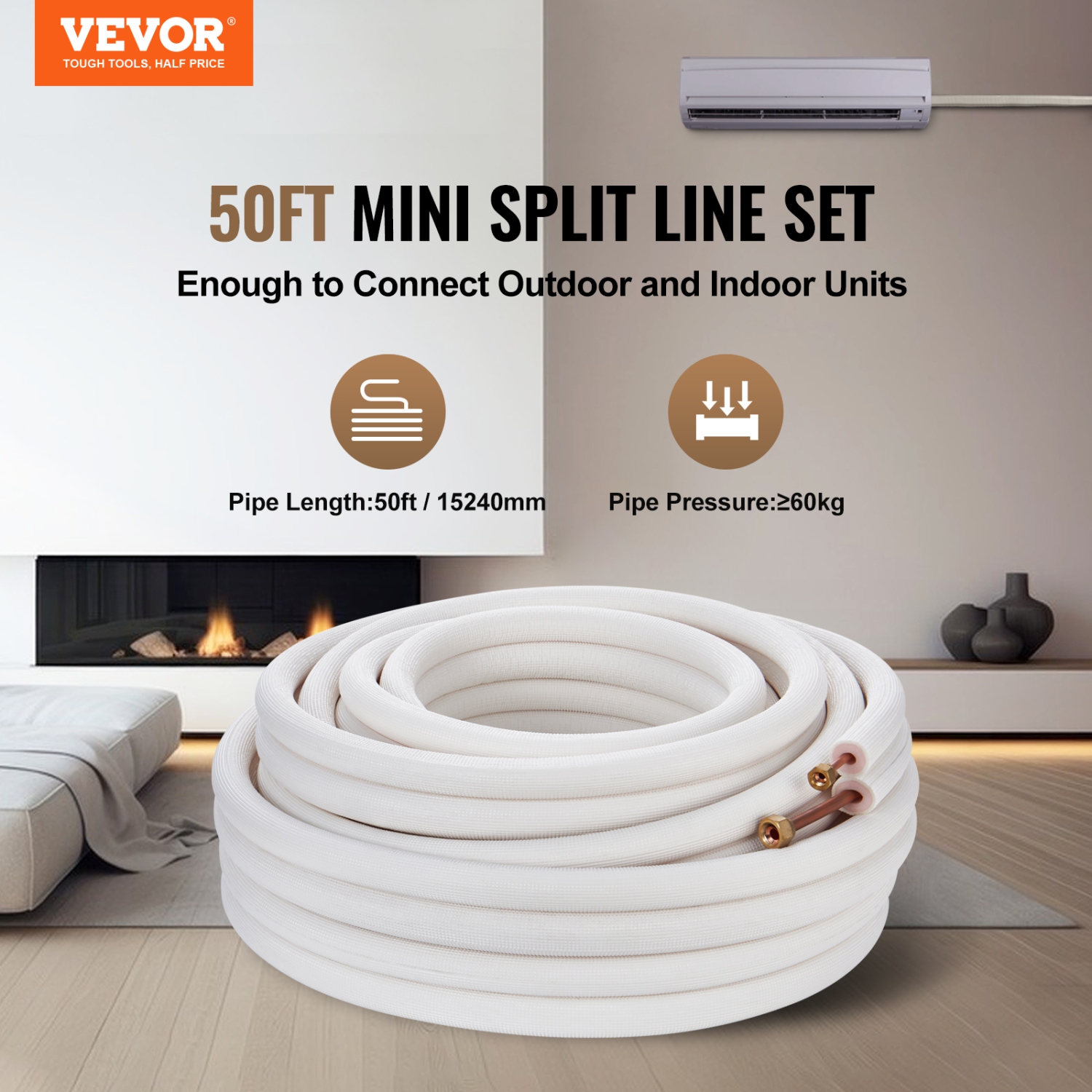 VEVOR 50FT Mini Split Line Set, 1/4" & 3/8" O.D Copper Pipes Tubing and Triple-Layer Insulation, for Mini Split Air Conditioning Refrigerant or