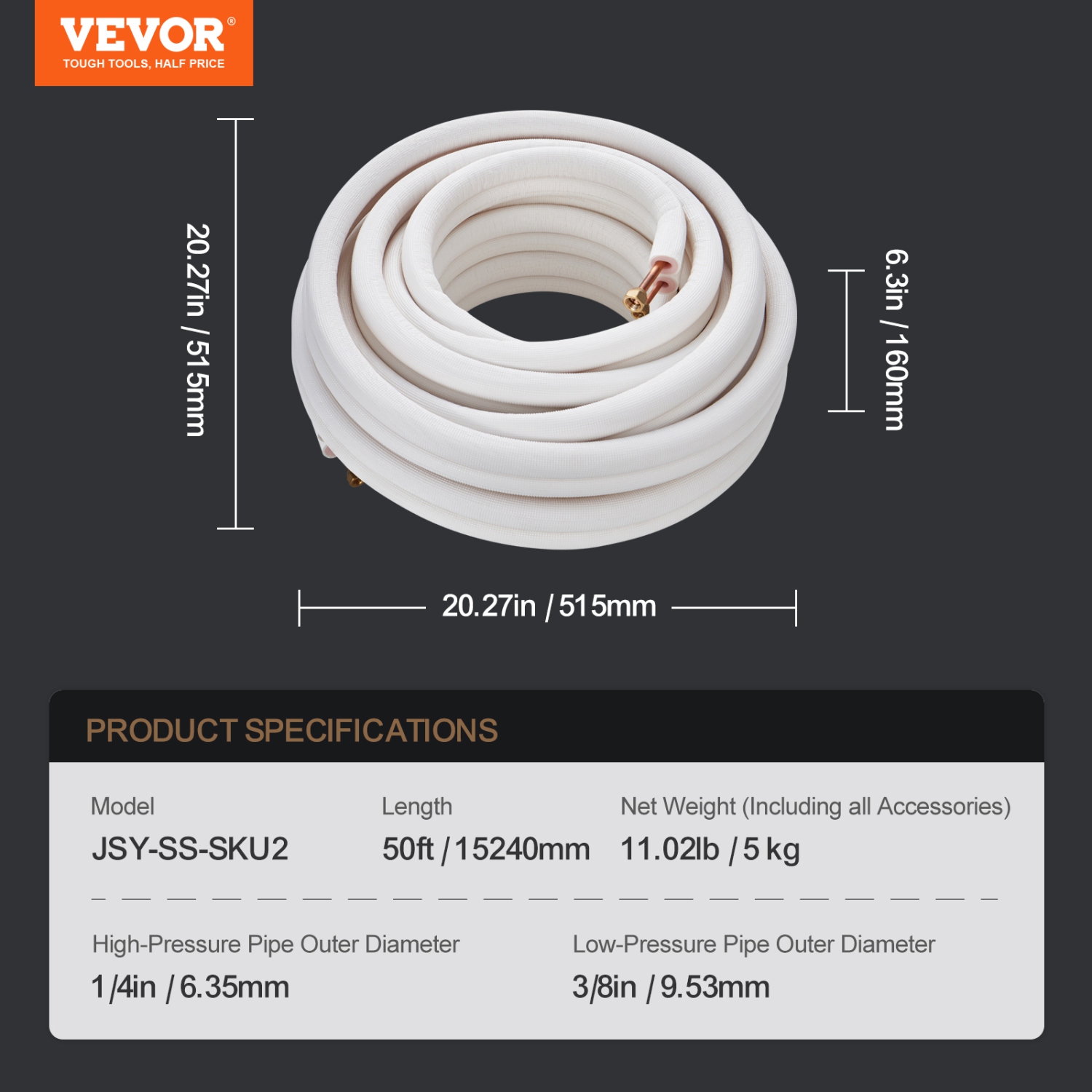 VEVOR 50FT Mini Split Line Set, 1/4" & 3/8" O.D Copper Pipes Tubing and Triple-Layer Insulation, for Mini Split Air Conditioning Refrigerant or