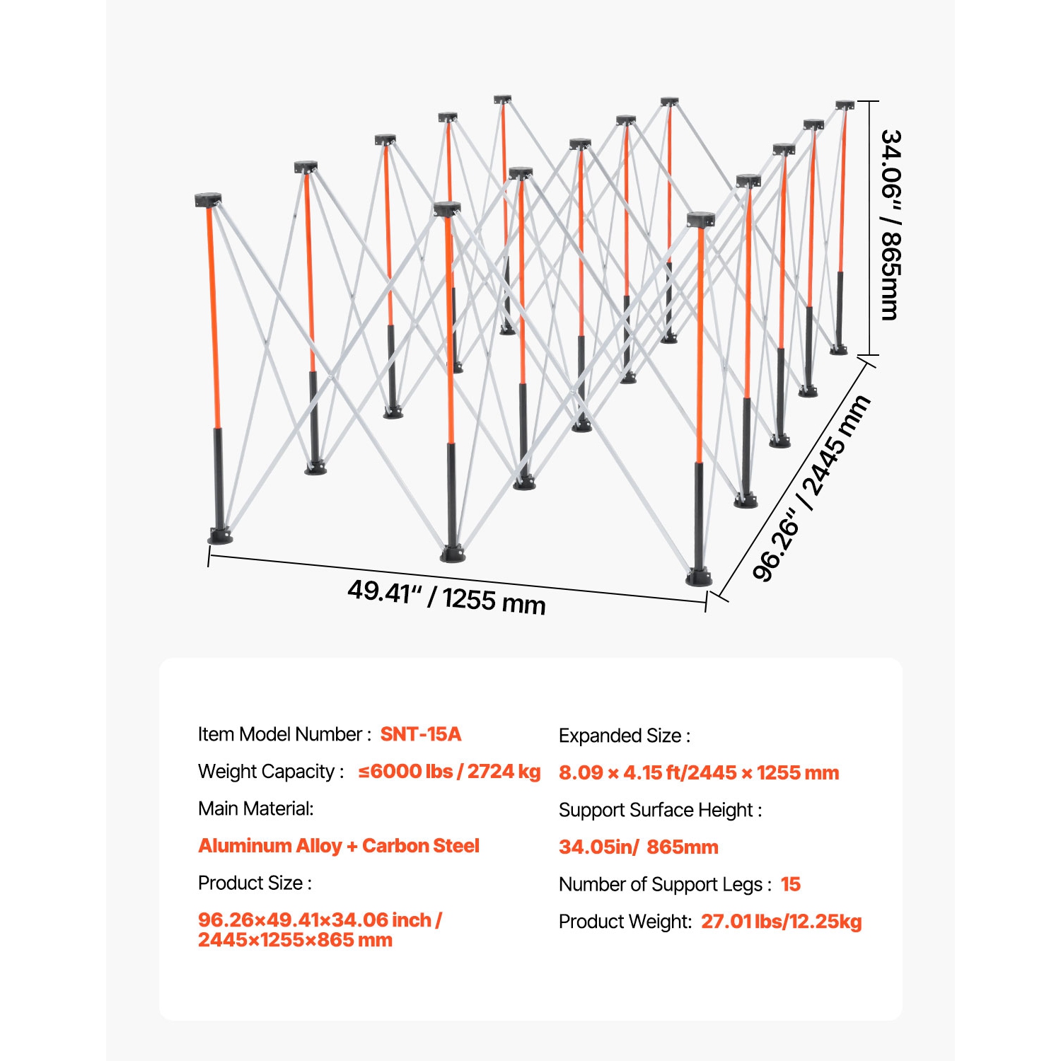 Bâton pliant portatif VEVOR 8,02 x 4.12&nbsp;pi, établi pliable, capacité 6000&nbsp;lb, support de travail pliable sans assemblage avec sac de