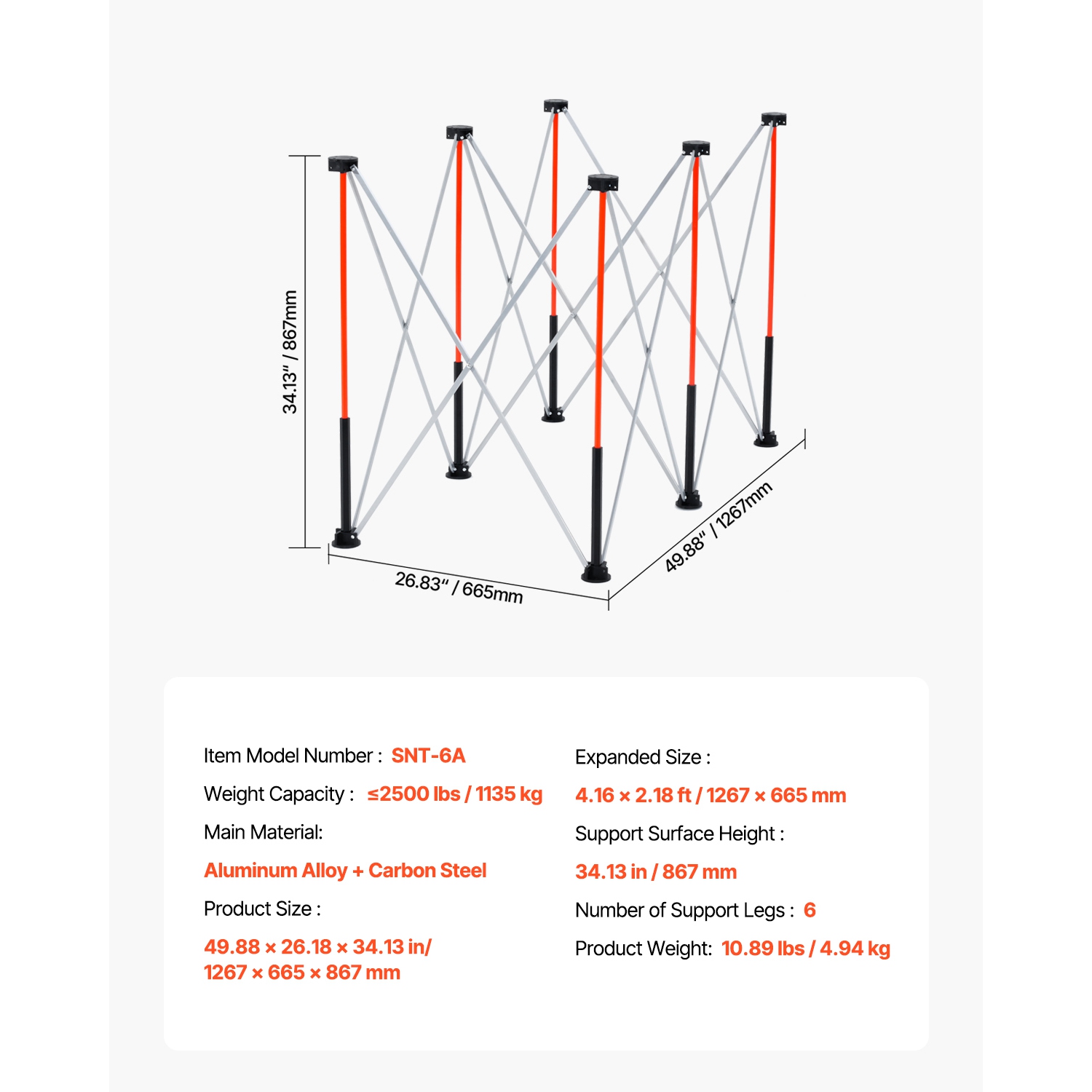 Bâton pliant portatif VEVOR 4,16 x 2.18&nbsp;pi, établi pliable, capacité 2500&nbsp;lb, support de travail pliable sans assemblage avec sac de