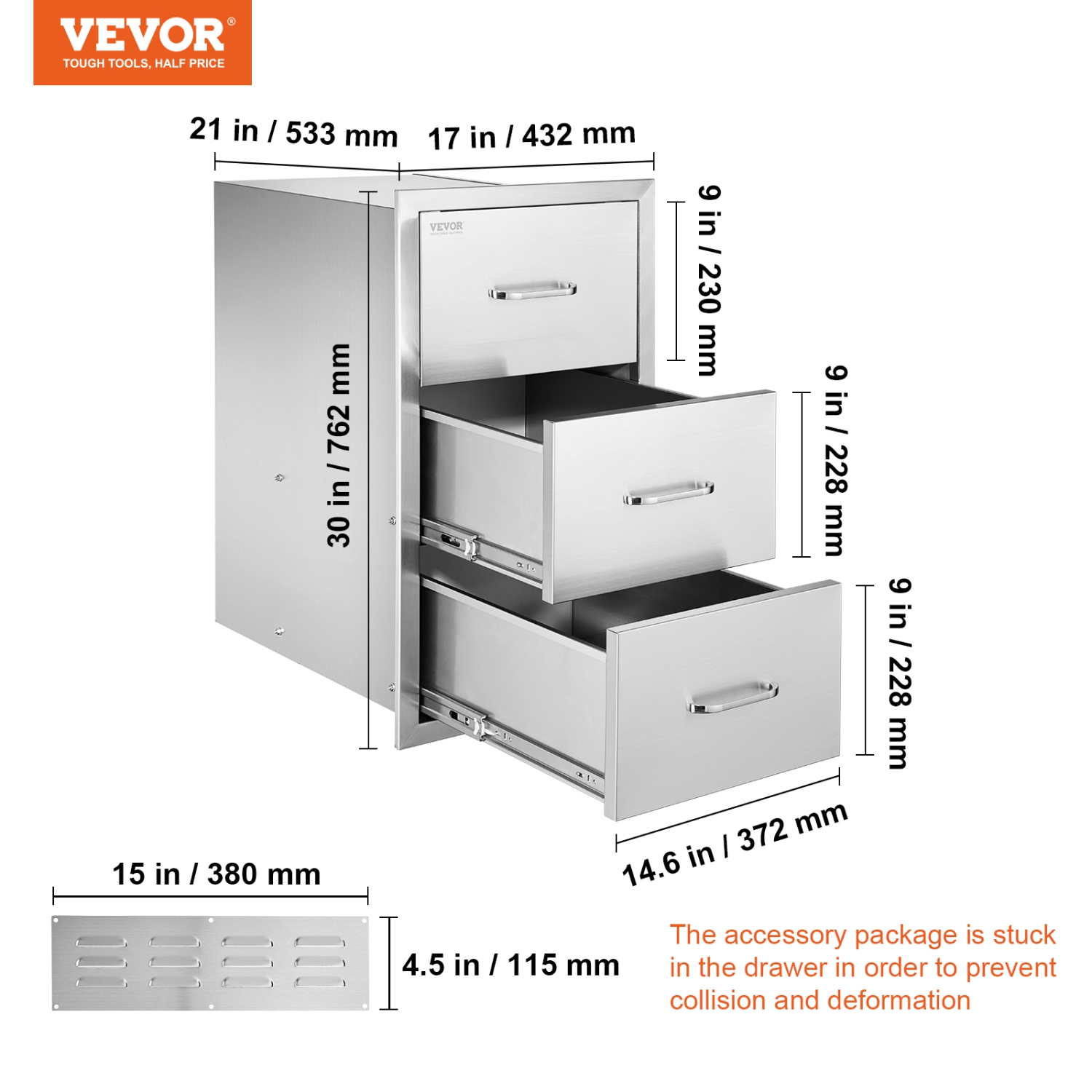 17&nbsp;W x 30 haut. X 21D po de VEVOR – Tiroirs à double accès en acier inoxydable avec porte-essuie-tout pour îlot de barbecue ou poste de barbecue