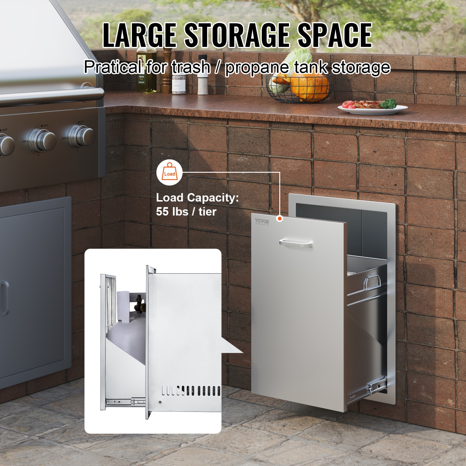 Tiroir de rangement en acier inoxydable de 16 x 22 x 16&nbsp;po de VEVOR Cuisine extérieure Tiroir à poubelle pour réservoir de propane Tiroir