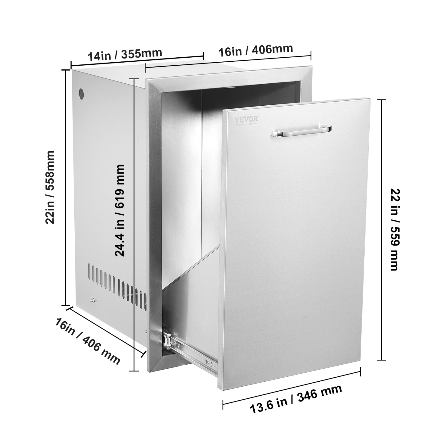 Tiroir de rangement en acier inoxydable de 16 x 22 x 16&nbsp;po de VEVOR Cuisine extérieure Tiroir à poubelle pour réservoir de propane Tiroir