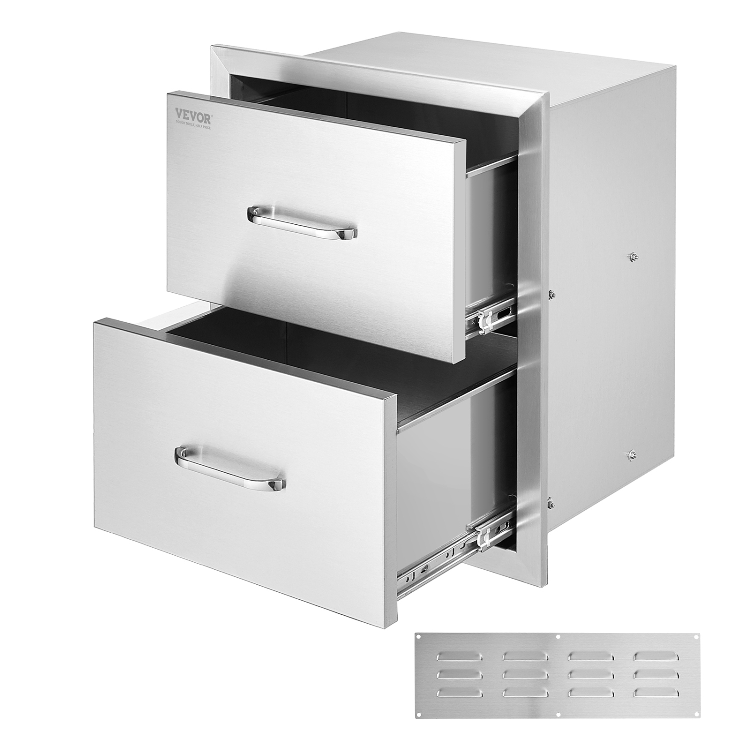 VEVOR 18W x 20.6H x 12.7D Inch Outdoor Kitchen Drawers, Flush Mount Double BBQ Drawers Stainless Steel with Handle, BBQ Island Drawers for Outdoor