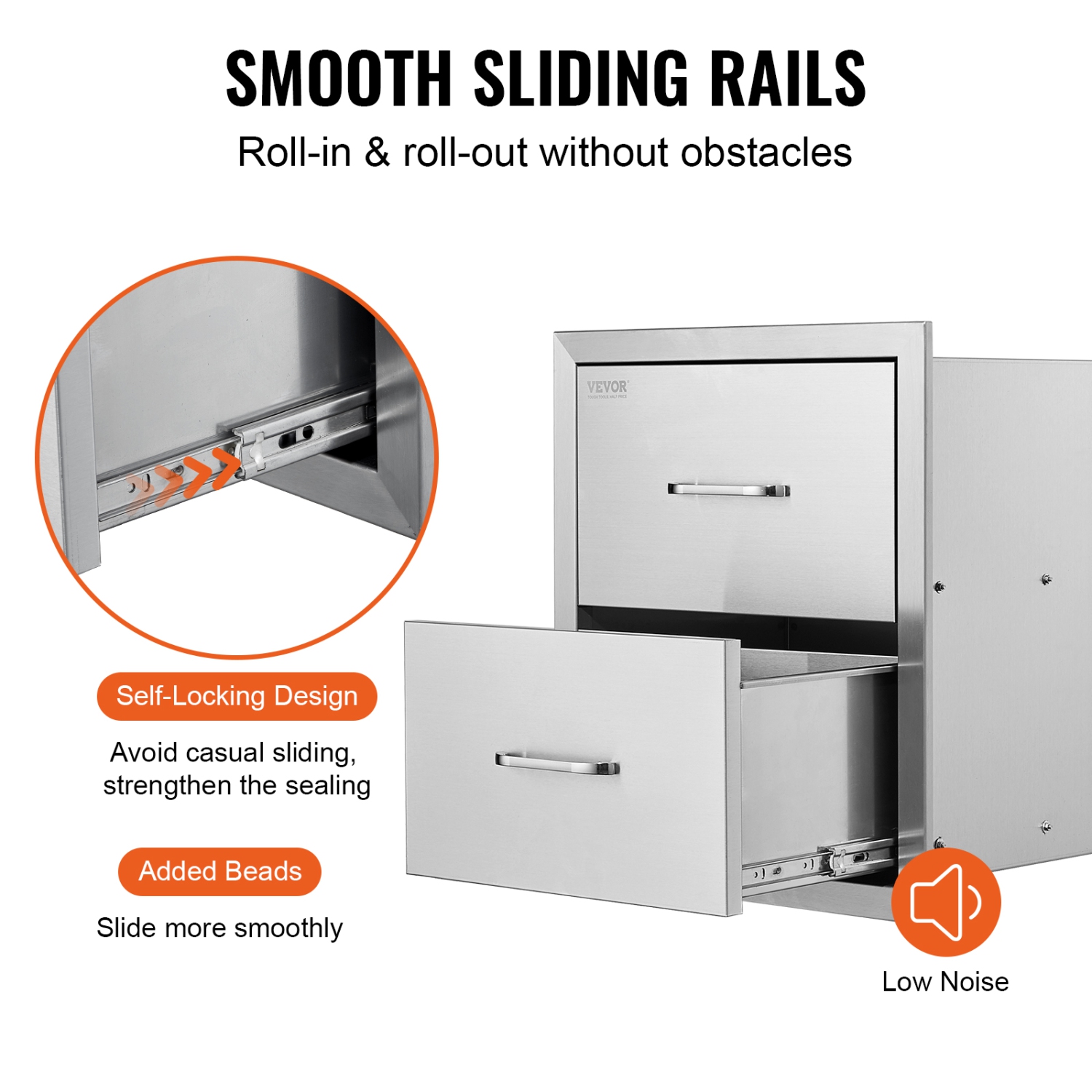 VEVOR 18W x 20.6H x 12.7D Inch Outdoor Kitchen Drawers, Flush Mount Double BBQ Drawers Stainless Steel with Handle, BBQ Island Drawers for Outdoor