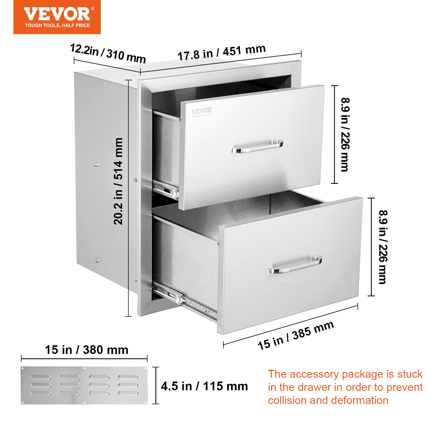 VEVOR 18W x 20.6H x 12.7D Inch Outdoor Kitchen Drawers, Flush Mount Double BBQ Drawers Stainless Steel with Handle, BBQ Island Drawers for Outdoor