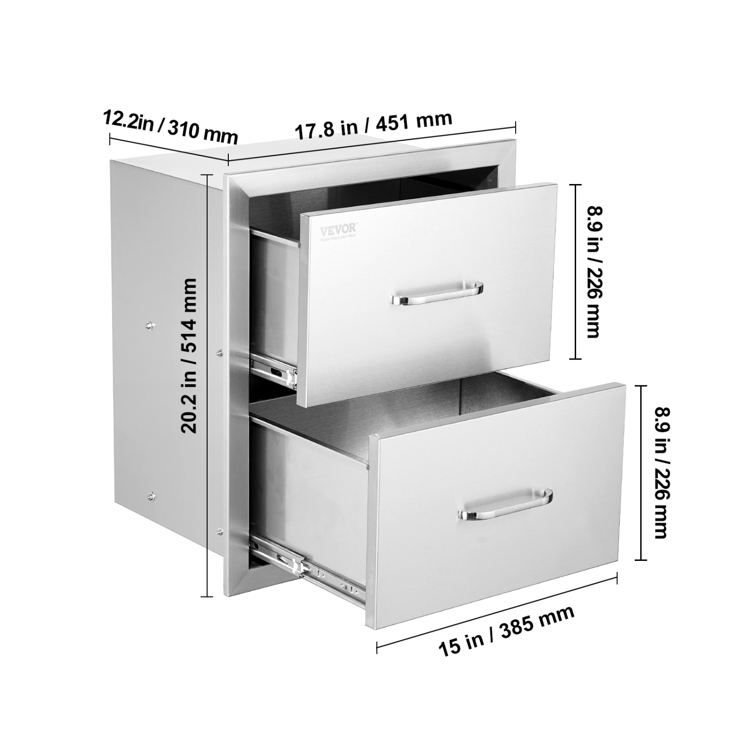 VEVOR 18W x 20.6H x 12.7D Inch Outdoor Kitchen Drawers, Flush Mount Double BBQ Drawers Stainless Steel with Handle, BBQ Island Drawers for Outdoor