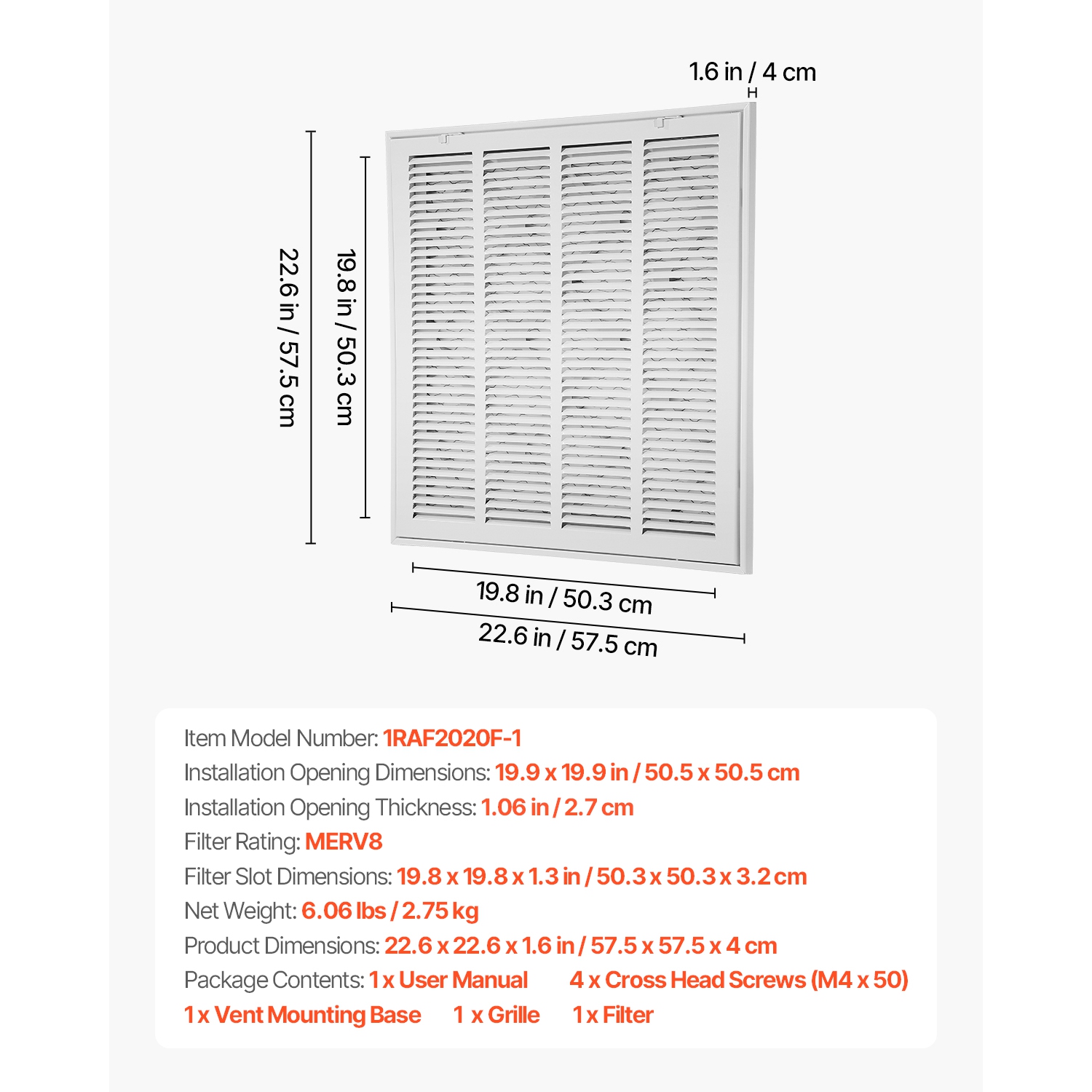 VEVOR Fits W20 x H20in Return Air Filter Grille, Filter Included, Return Air Vent Cover for Wall, Powder-Coated Steel Return Air Grill Detachable