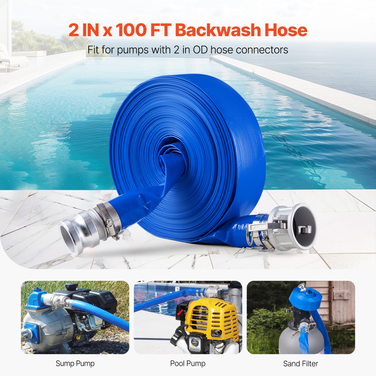 VEVOR 2 in x 100 ft Backwash Hose, Blue High Quality PVC Hose, with Clamps, Camlock, Aluminum Fittings, Fit Various Pumps, for Sewage Treatment and