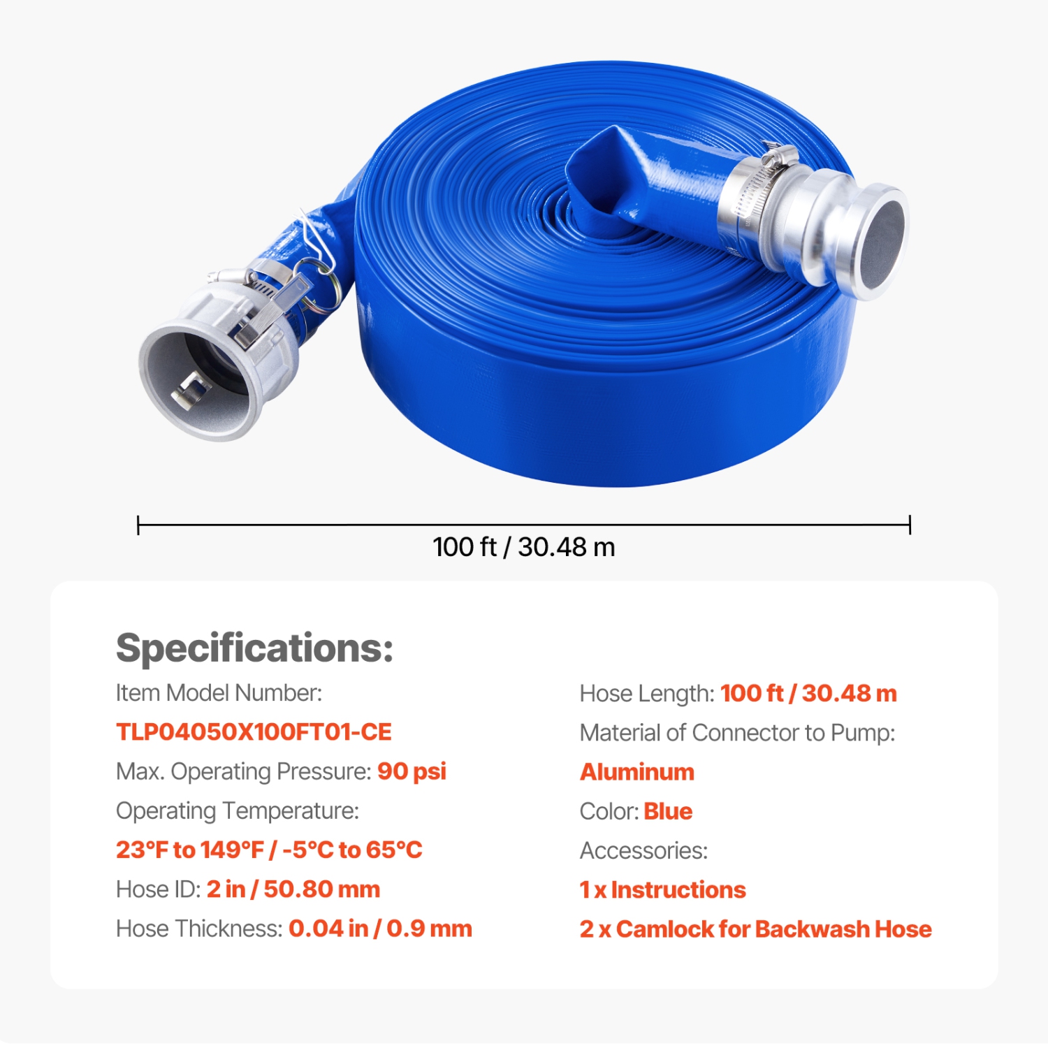 VEVOR 2 in x 100 ft Backwash Hose, Blue High Quality PVC Hose, with Clamps, Camlock, Aluminum Fittings, Fit Various Pumps, for Sewage Treatment and