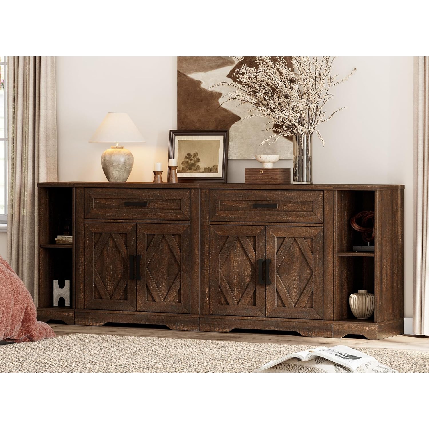 WAMPAT – Armoire moderne Farmhouse avec tiroirs et portes, grande armoire de 82 1&nbsp;po avec tablettes réglables, table basse en bois 4-en-7 pour