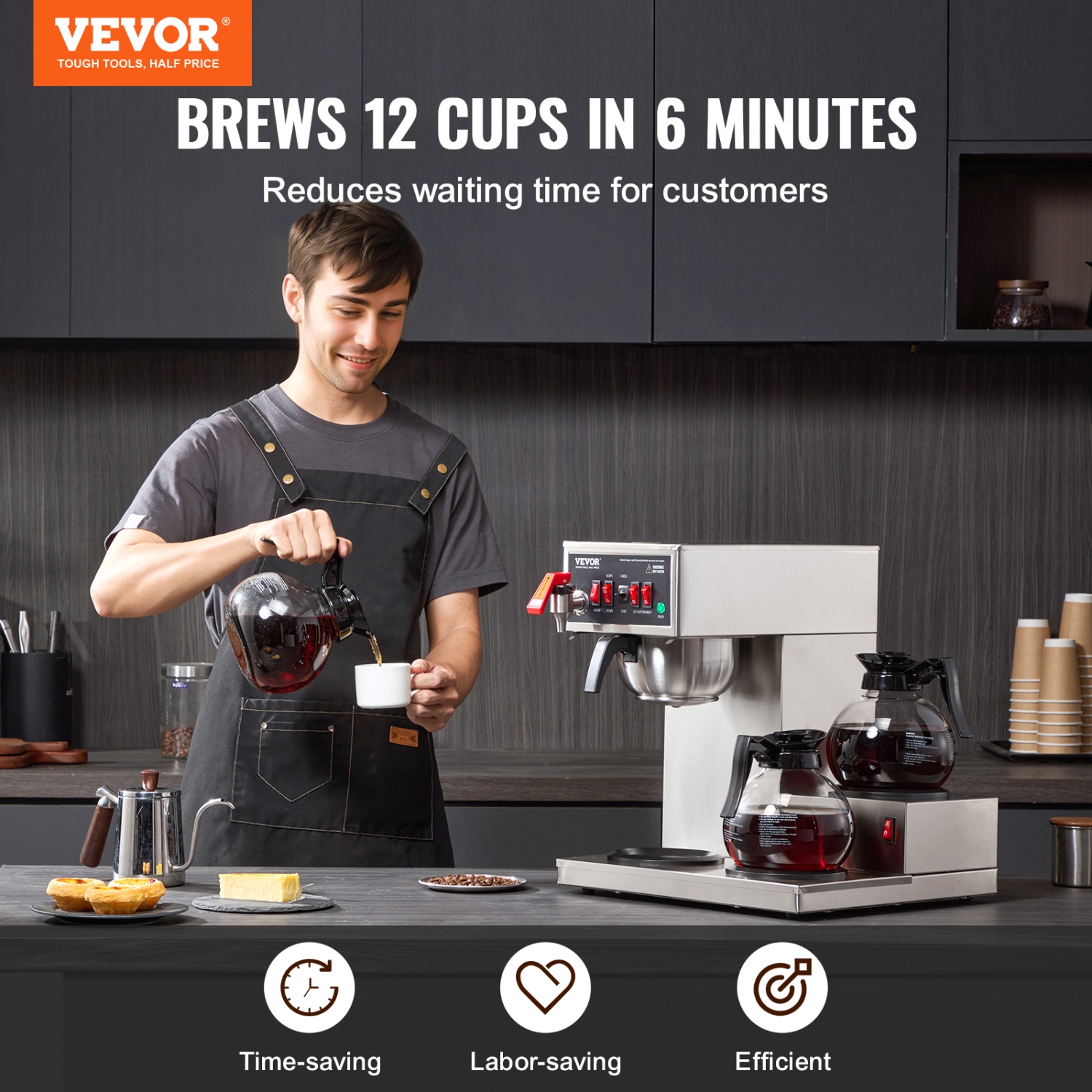VEVOR 12 Cups Commercial Drip Coffee Maker, Coffee Maker Machine with 3 Glass Carafes and 3 Warmer Plates, Stainless Steel Pour Over Coffee Brewer