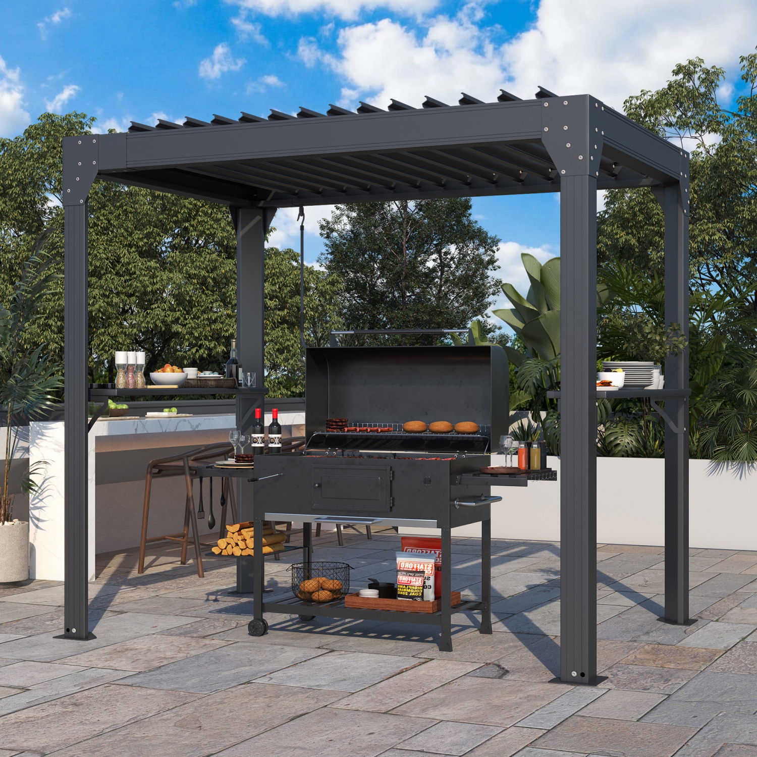 Abri de jardin en aluminium de 5 x 8 pi pour barbecue d'EROMMY – Toit réglable, drainage intégré et rangement latéral – Noir