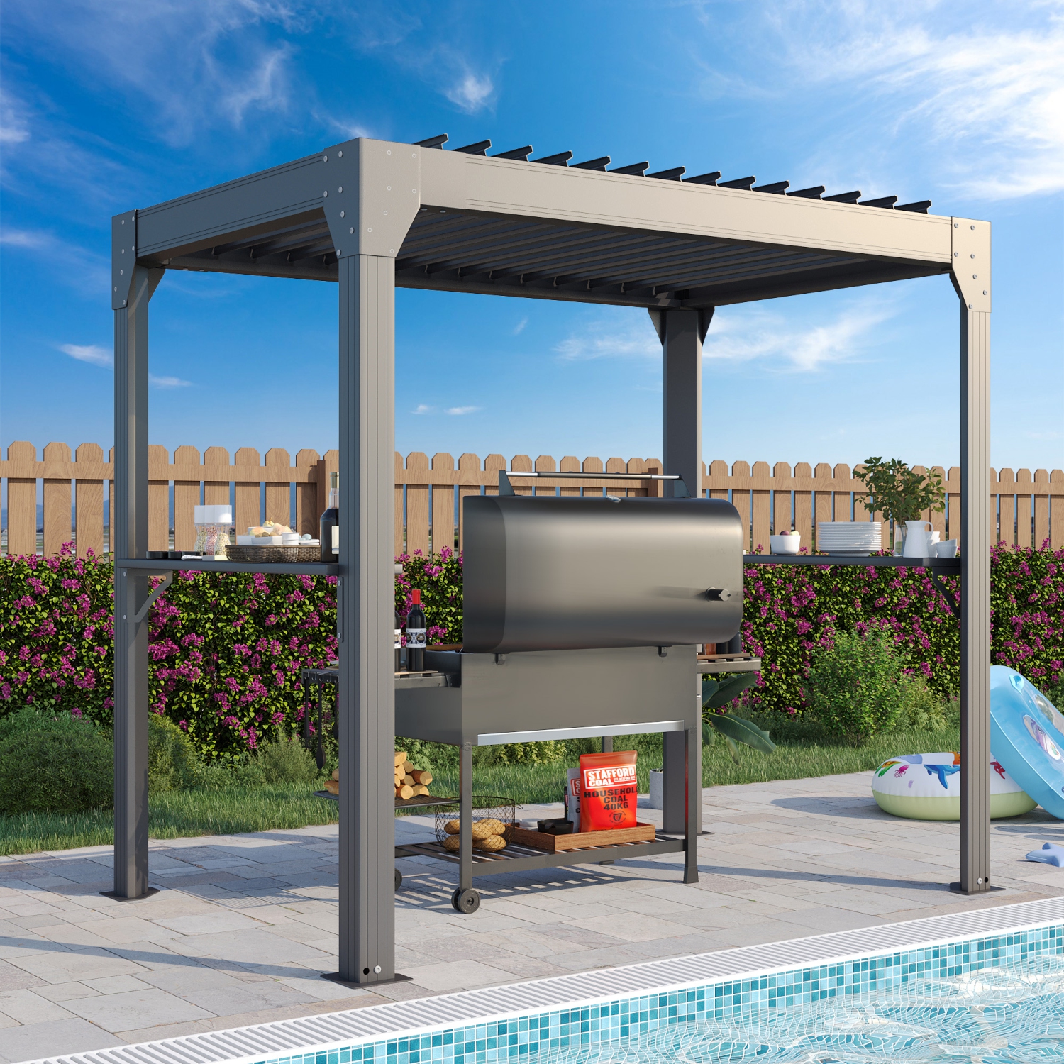 Abri de jardin en aluminium de 5 x 8 pi pour barbecue d'EROMMY – Toit réglable, drainage intégré et rangement latéral – Noir