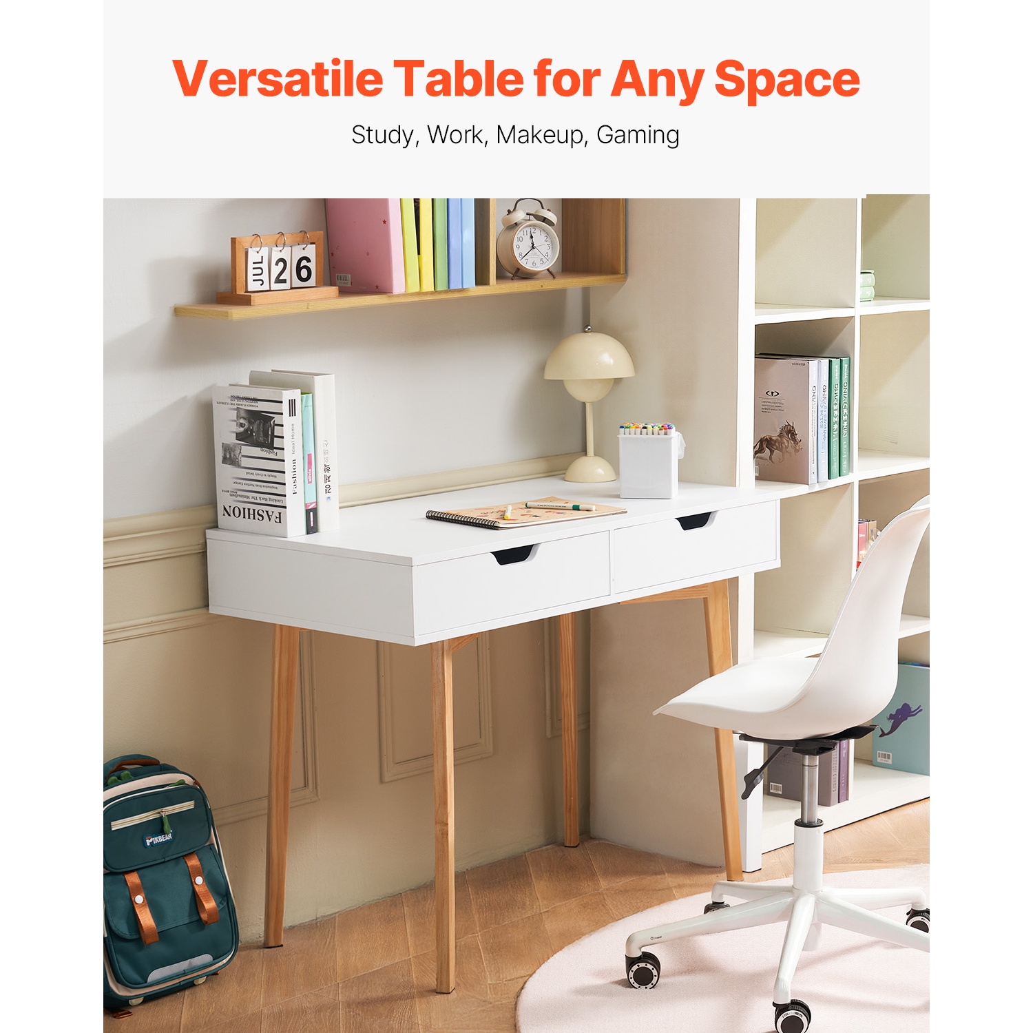 VEVOR Small Desk with Drawers, Kids Desk for Bedroom, Wooden Simple Study Table for Drawing, Reading, Writing, Rectangle MDF Furniture Study Storage