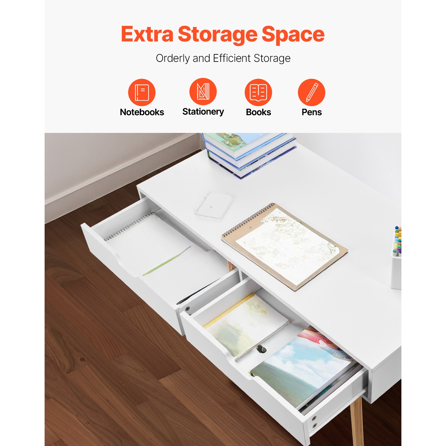 VEVOR Small Desk with Drawers, Kids Desk for Bedroom, Wooden Simple Study Table for Drawing, Reading, Writing, Rectangle MDF Furniture Study Storage