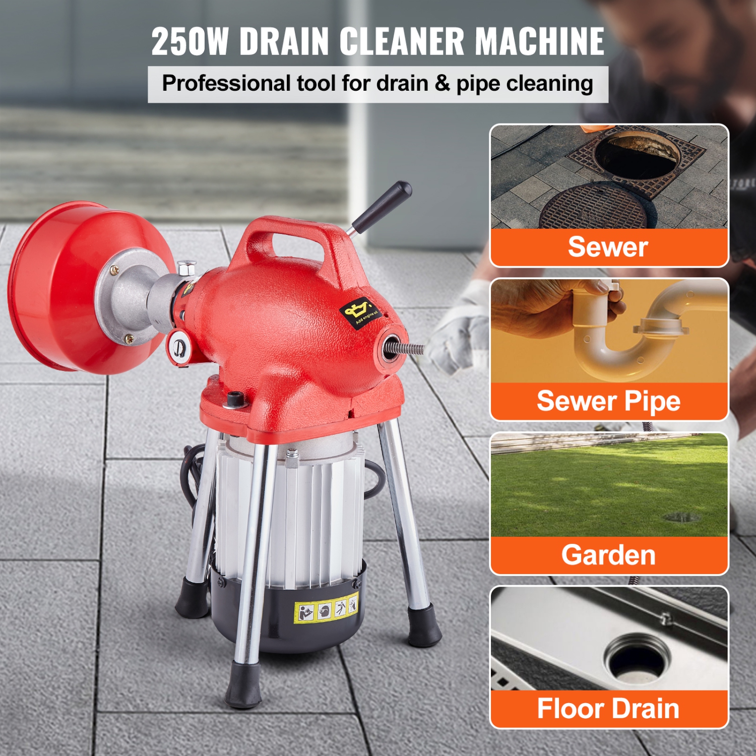 VEVOR 66FT x 5/8 Inch Drain Cleaner Machine, 250W Electric Sewer Snake Auger Manual Feed - with 2 Sectional Steel Cables, 7 Cutters and CW/CCW Control