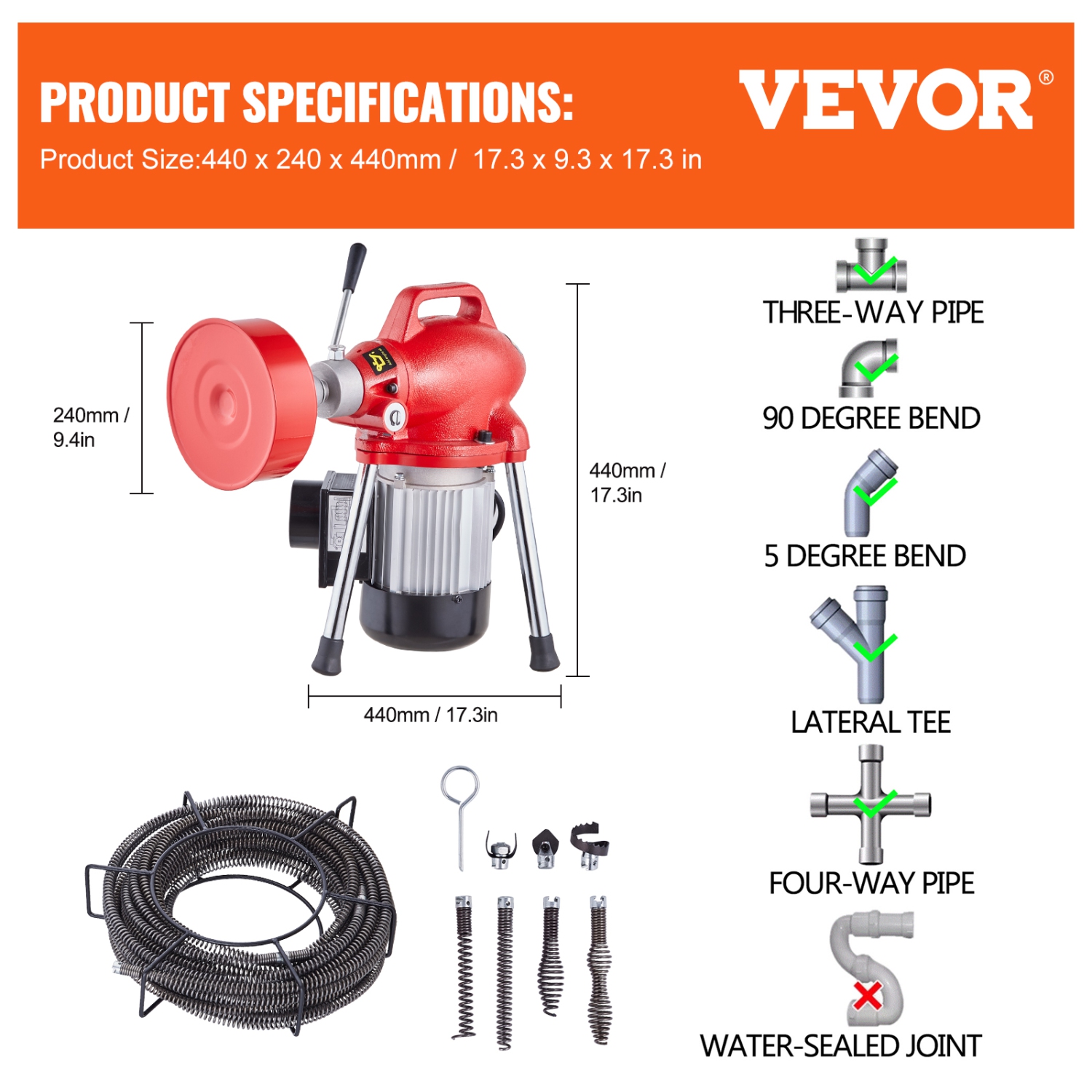 VEVOR 66FT x 5/8 Inch Drain Cleaner Machine, 250W Electric Sewer Snake Auger Manual Feed - with 2 Sectional Steel Cables, 7 Cutters and CW/CCW Control