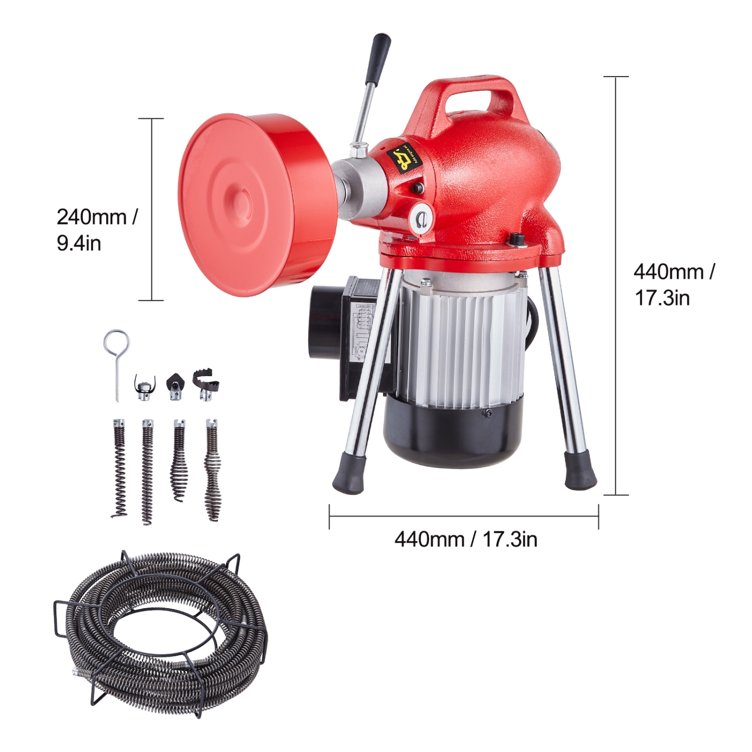 VEVOR 66FT x 5/8 Inch Drain Cleaner Machine, 250W Electric Sewer Snake Auger Manual Feed - with 2 Sectional Steel Cables, 7 Cutters and CW/CCW Control