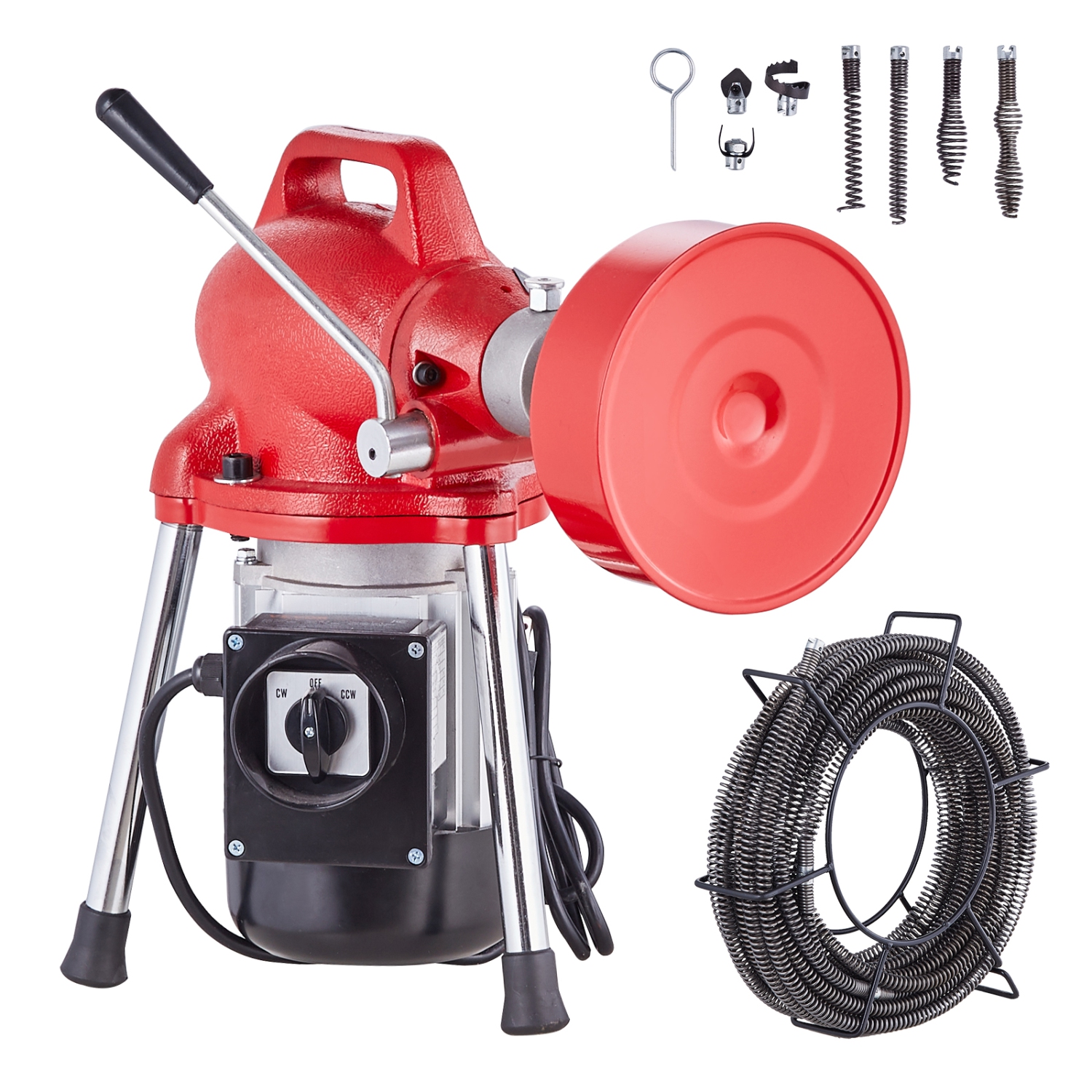 VEVOR 66FT x 5/8 Inch Drain Cleaner Machine, 250W Electric Sewer Snake Auger Manual Feed - with 2 Sectional Steel Cables, 7 Cutters and CW/CCW Control